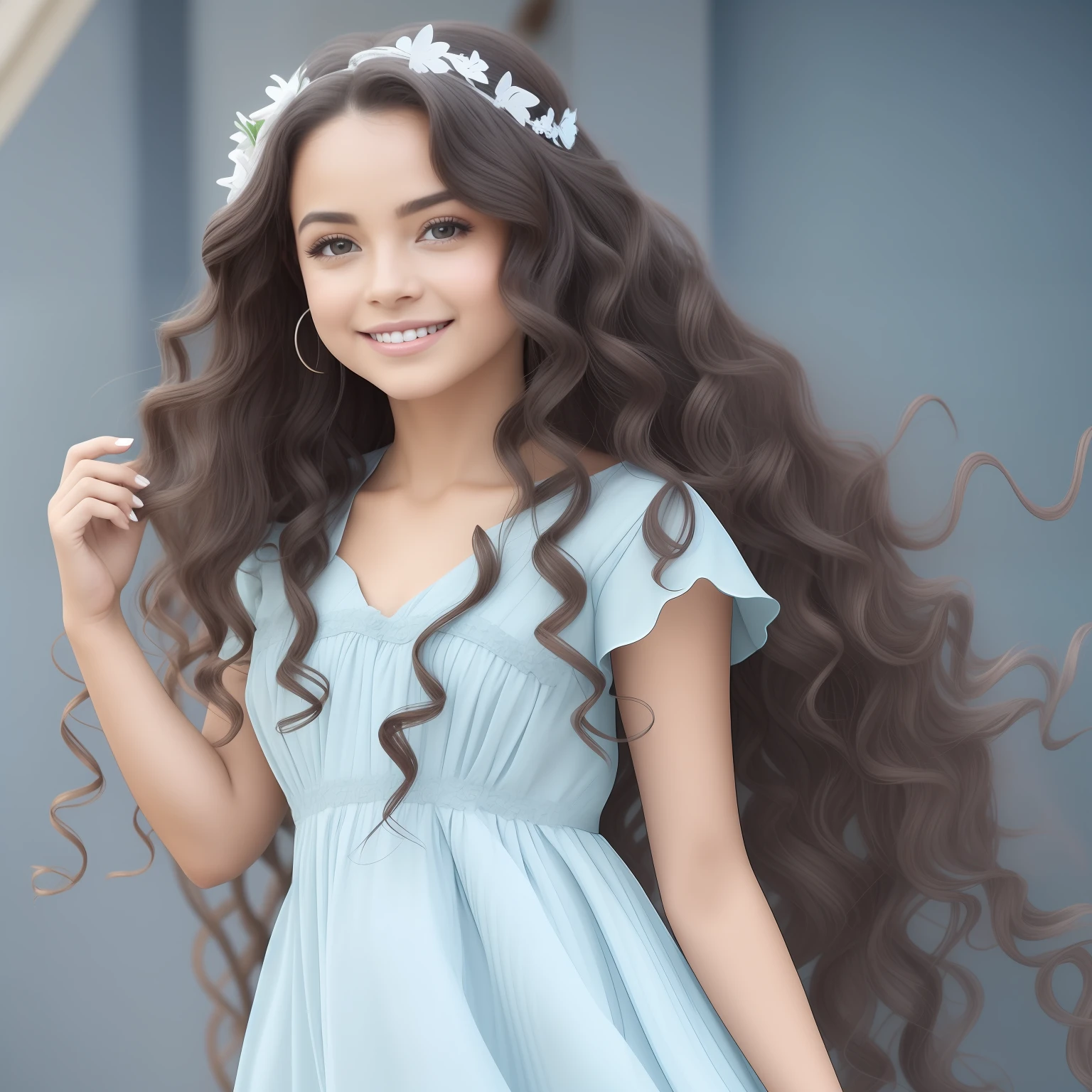 Crie uma criança de 6 anos, uma menina negra, com olhos levemente puxados e pele escura, negra que brilha . Her hair is curly afro and forms a crown of curls around her head. She wears a green tifany bobole bow, que contrasta lindamente com sua pele. His eyes are well defined, brilhantes e expressivos, transmitindo uma aura de curiosidade e alegria. Your smile is beautiful, radiating happiness and innocence. His look is charming and captivating, able to hold the attention of anyone who observes it. Vestida com um vestido verde tifani, the same color as the butterfly bow, ela parece radiante e graciosa. A menina se destaca com seu vestido verde tifani, which is adorned with delicate details, como rendas ou bordados sutis. The fabric flutters gently around her, criando uma imagem de movimento e leveza. The dress is perfect to enhance your dark brown skin, highlighting its unique beauty. Seus cabelos cacheados caem suavemente pelos ombros, formando cachos definidos que adicionam uma textura encantadora ao seu visual. The tifany green bobole bow in her hair perfectly complements the dress, criando uma harmonia de cores e estilo. A menina's eyes are a real highlight, for they are expressive and full of life. Eles brilham com uma mistura de curiosidade, Intelligence and compassion. Seu olhar encantador transmite alegria e genuinidade, and is able to illuminate whatever environment it is in. Com seu sorriso lindo e contagiante, a menina cativa as pessoas ao seu redor. Seu branco, Perfectly aligned teeth further enhance your natural beauty, pele negra , pele moreno escuro, pele mais escura cabelos castanho claro