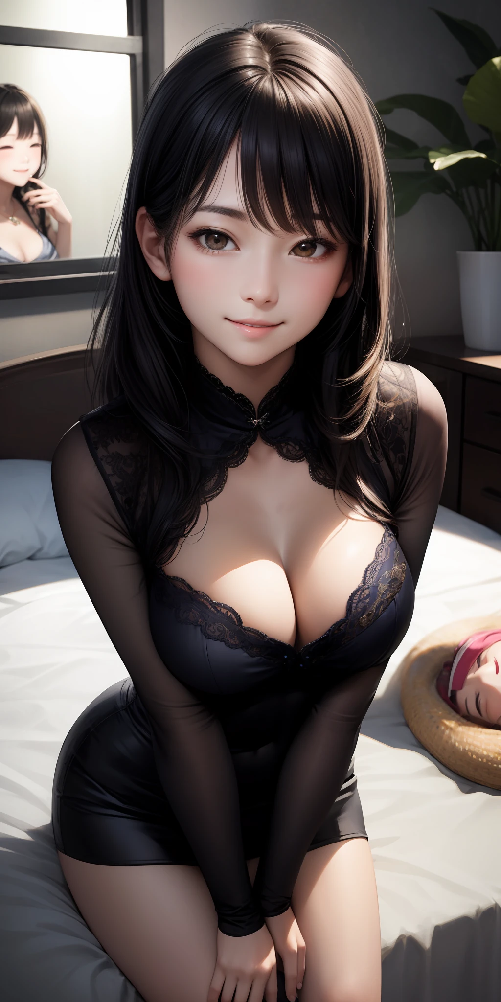 REALISTIC、2人,Sit side by side on the bed、Face Zoom,Chest Zoom、Face enhancement,Smile,Looking up、Clephasis