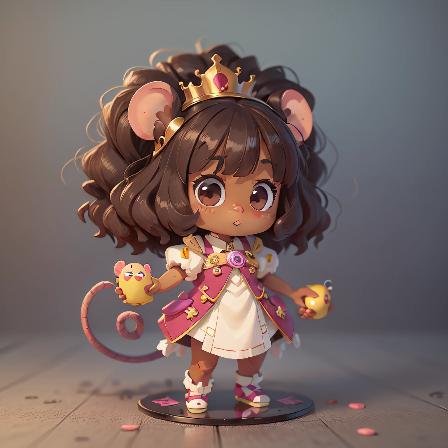 chibi, mouse, cute, sky princess, dark skin, curly hair, bigbadejo, full body, masterpiece, 3D Rendering, Best Quality, Lots of Detail, (plain background), vinyl toy figurine