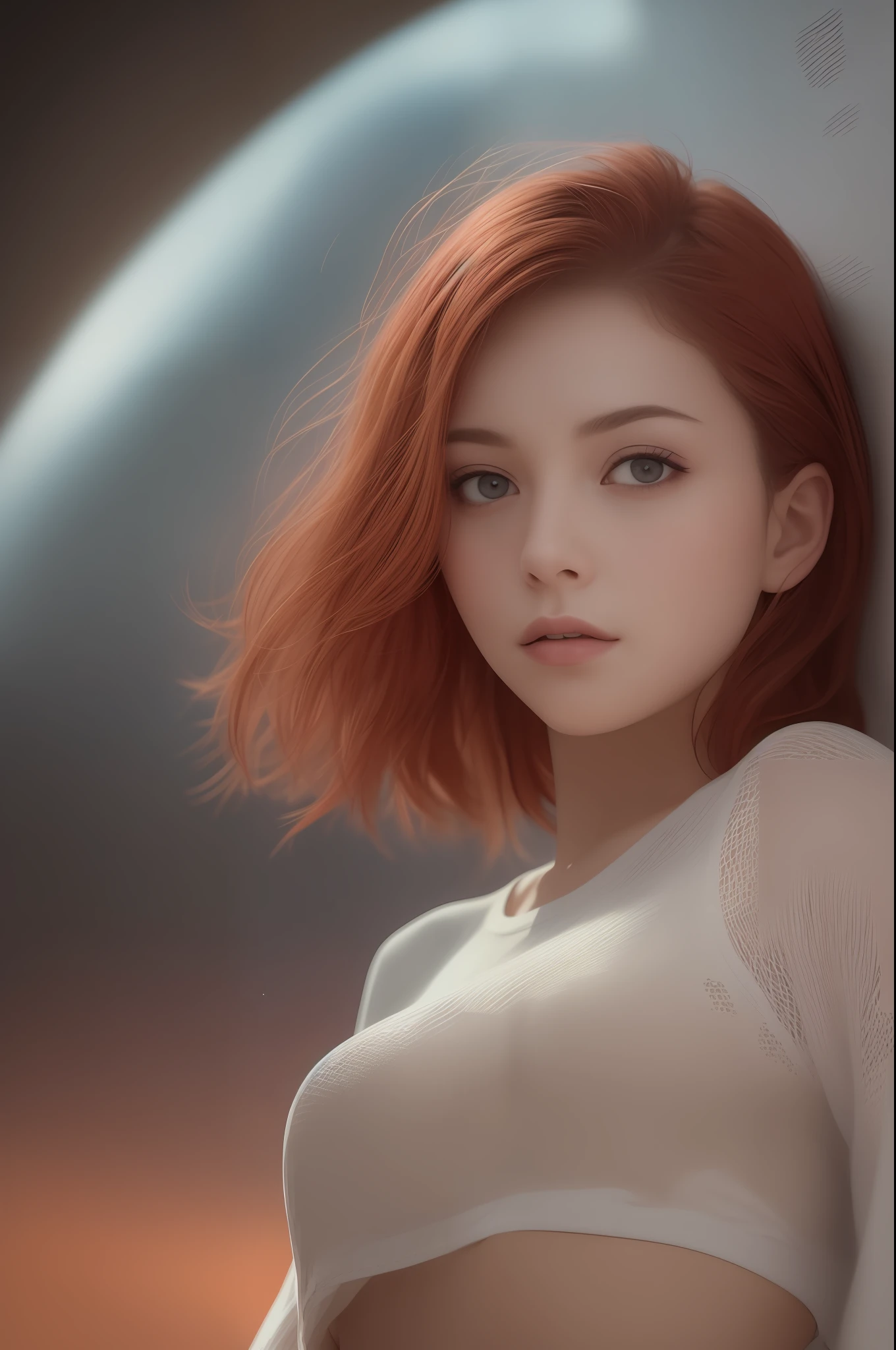 masterpiece, best quality, cinematic photo, anatomically correct, digital art illustration, 20-year-old innocent woman, pale skin, polish, pronounced feminine features, (stretching), t-shirt, straight red hair, liases eyes, large breasts, (cosmic background), dark illustration style, (8k, dynamic composition, photorealistic, sharp focus), elaborate background, cinematic, rule of thirds, backlight, film grain,  intricate details, fine details,