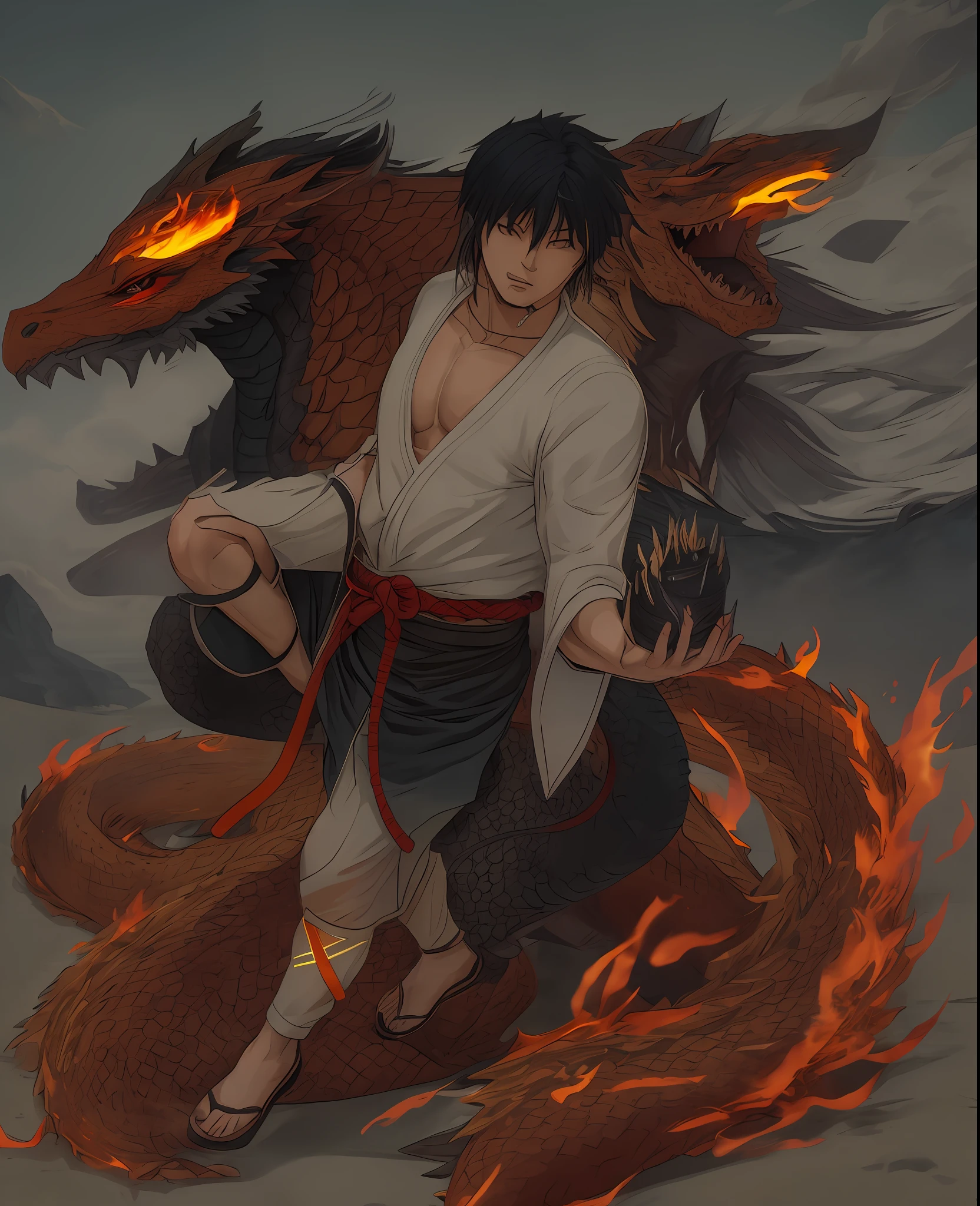 anime character with a fire breathing dragon on his back, fire!! corpo inteiro, human and dragon fusion, Akira, Mitologia Chinesa, inspired by Tōshūsai Sharaku, inspirado em Chen Jiru, inspired by Sakai Hōitsu, inspired by Gatōken Shunshi, Ryuu, inspired by Taiyō Matsumoto