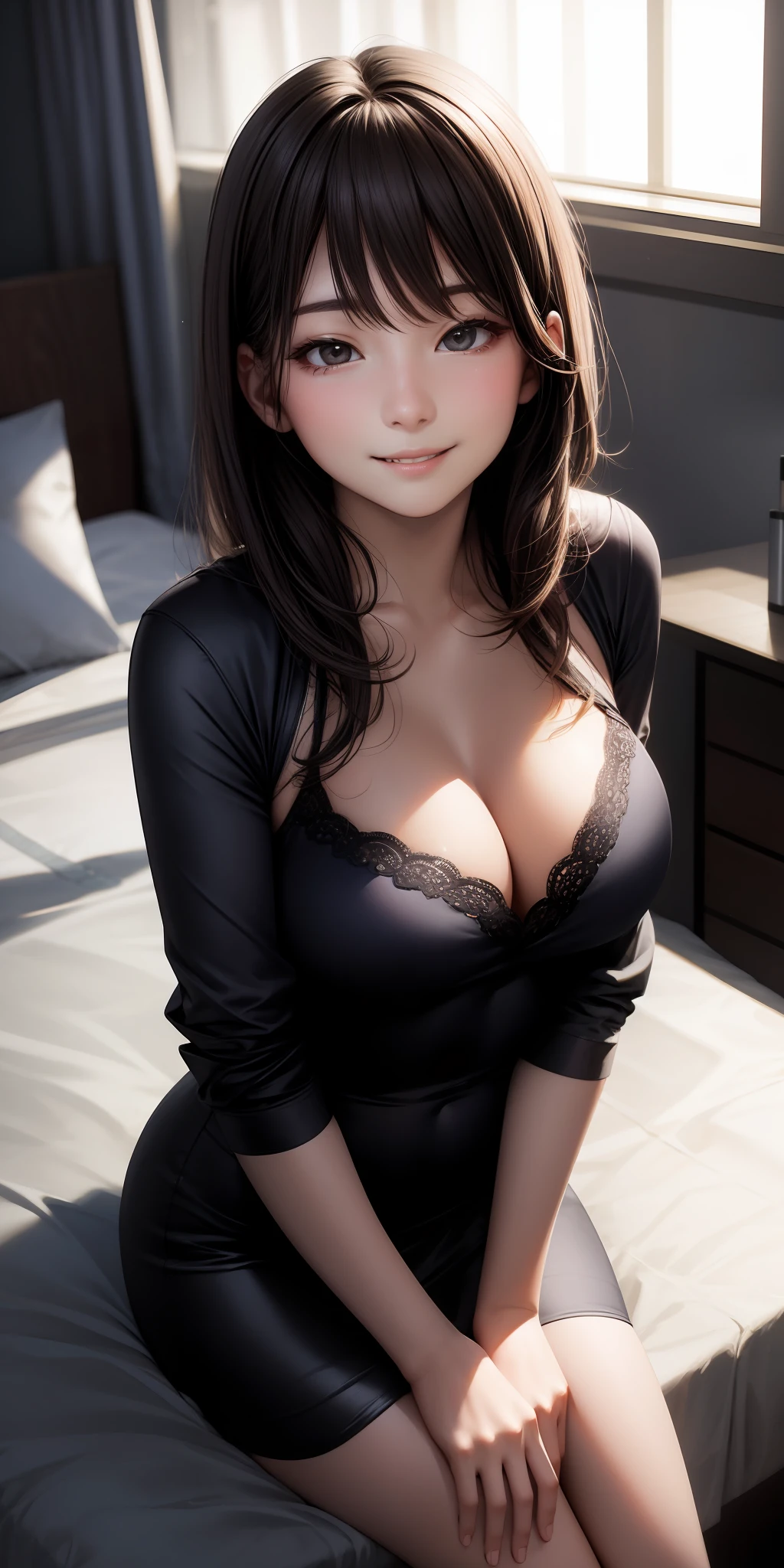 REALISTIC、女の子2人，Sit side by side on the bed、Face Zoom，Chest Zoom、Face enhancement，Smile，Looking up、Cleavage emphasis