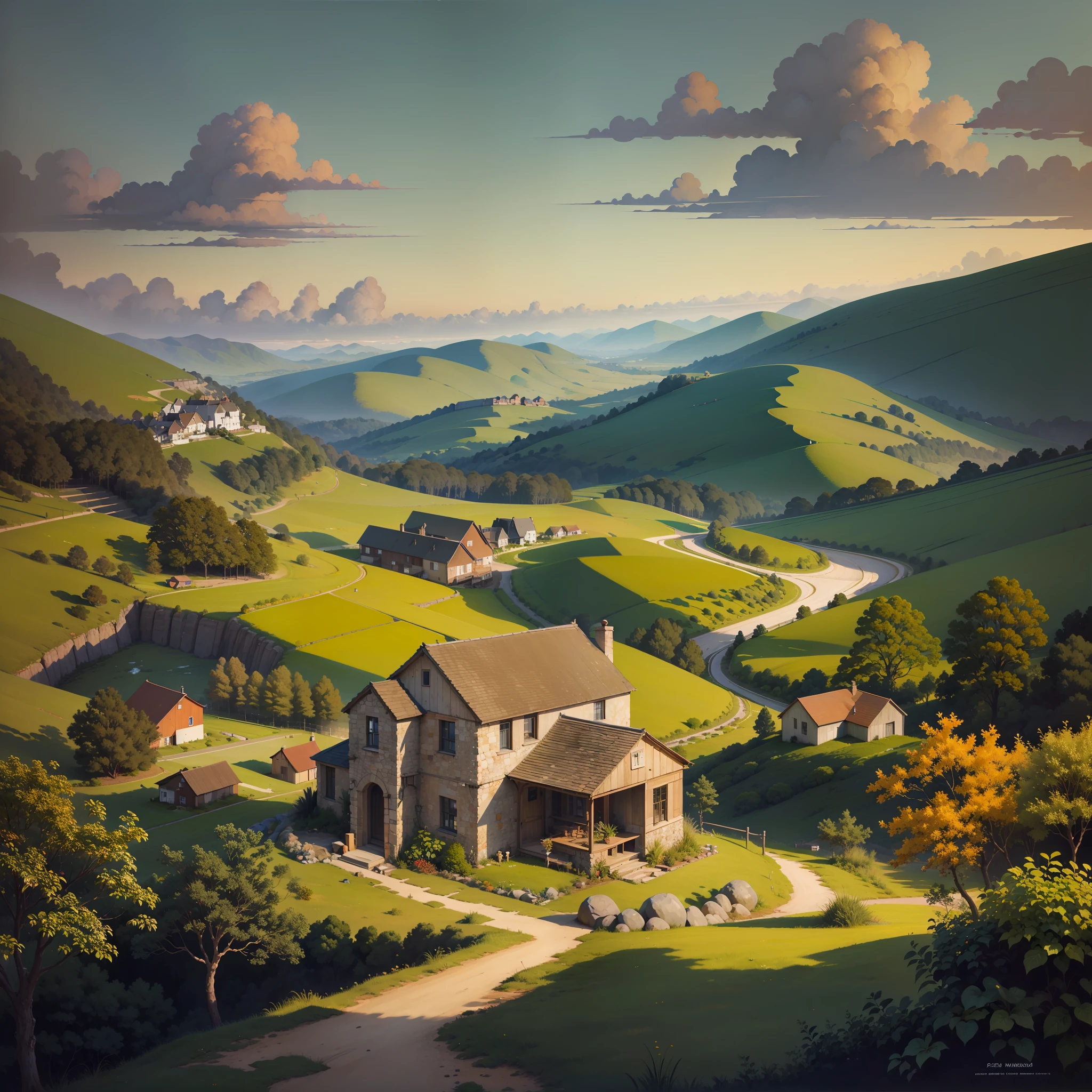 pintura de uma paisagem rural com uma casa e uma fazenda, ricas cores pitorescas em contraste com cores vivas e vibratntes, pincel sobre tela,  inspired by the Hildebrandt brothers, , paisagem feliz, virgil finlaytim hildebrandt, por Tim Hildebrandt, Hildebrandt, Heaven on Earth, Scenery art, Bucolic