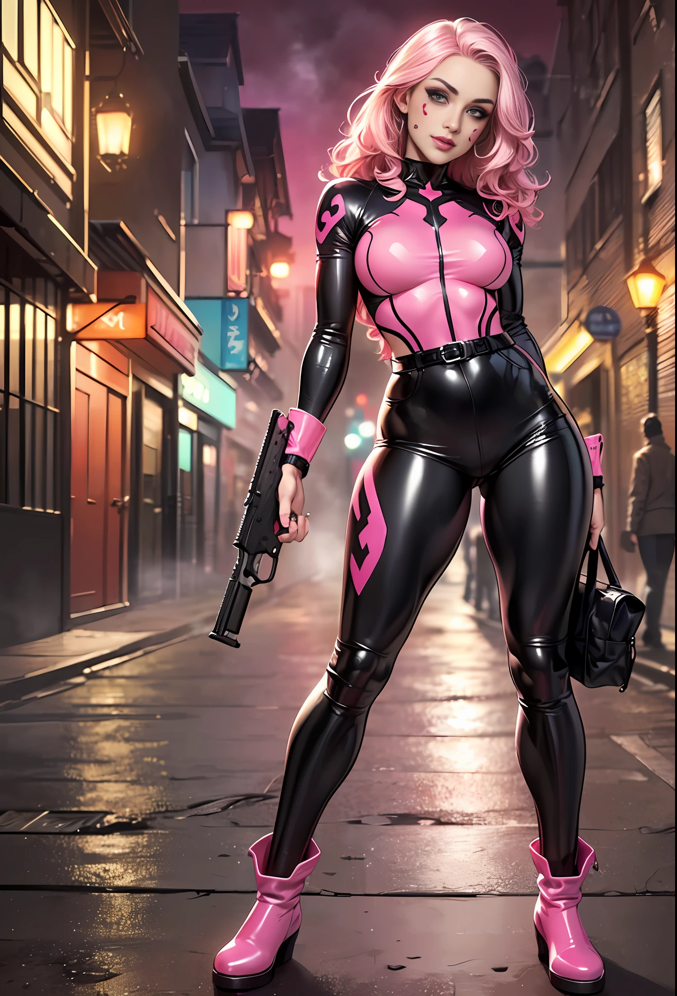(
(Character: one woman, fracles:1.1, plastic skin, wavy hair, happy expression, slim body:1.2,(attractive facial:1.3),big eyes:1.3,slim waist)
(Clothing: pink plastic swinbody, black long plastic boots)
(Pose: full body shot:1.5,perfect hands, holding a pistol)
(Background:dark alley , intense urban lights in background, foggy, night, pink color scheme)
(Style: ((Best quality)), ((masterpiece)), (face detailed:1.4),photo-realistic:1.3,hyperrealistic)
)