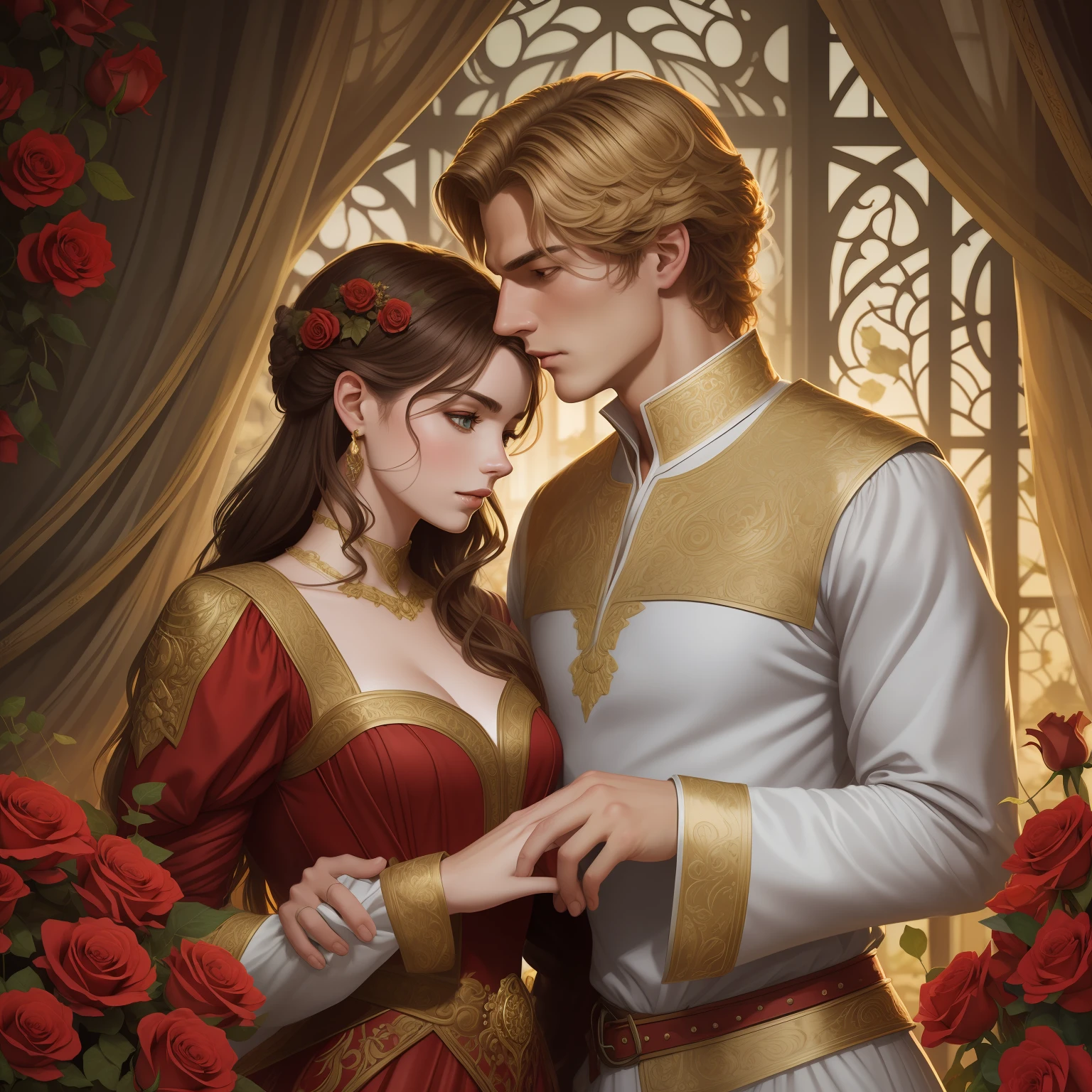 Couple kisses a home and a woman with great affection, the man Neels Visser is a prince who has golden blond hair, wears a medieval military outfit and is in love with the commoner the woman Lily Collins, who has black curly dark hair and wears a dress red, illustration of a romance book cover with a detailed, smooth, bright background filled with ivy-covered flowers and red roses, castle, ornate dress standing on a bed of roses, rim light, dynamic lighting, ethereal lighting, ultra detail, concept art, elegant, surreal, art by Lisa Aisato, Greg Hildebrandt, Citemer Liu, Stjepan Sejic, Samyang, Aykut Aydogdu, Justin Gerard, Alphonse Mucha, Artgerm, WLOP and Greg Rutkowski