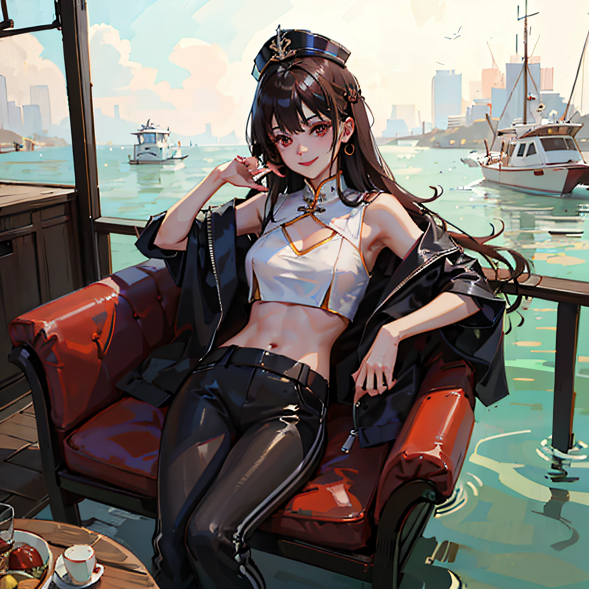 Close-up of a woman sitting on a boat in the water,Dilraba Dilmurat,Chinese Girl,young and cute girl,gorgeous Chinese model,Wear a cute top,Wearing a cropped top,wearing lounge suit,Wear a crop top,wearing a sexy cropped top,a cute young woman, Over there,round breasts,a sweet smile --auto