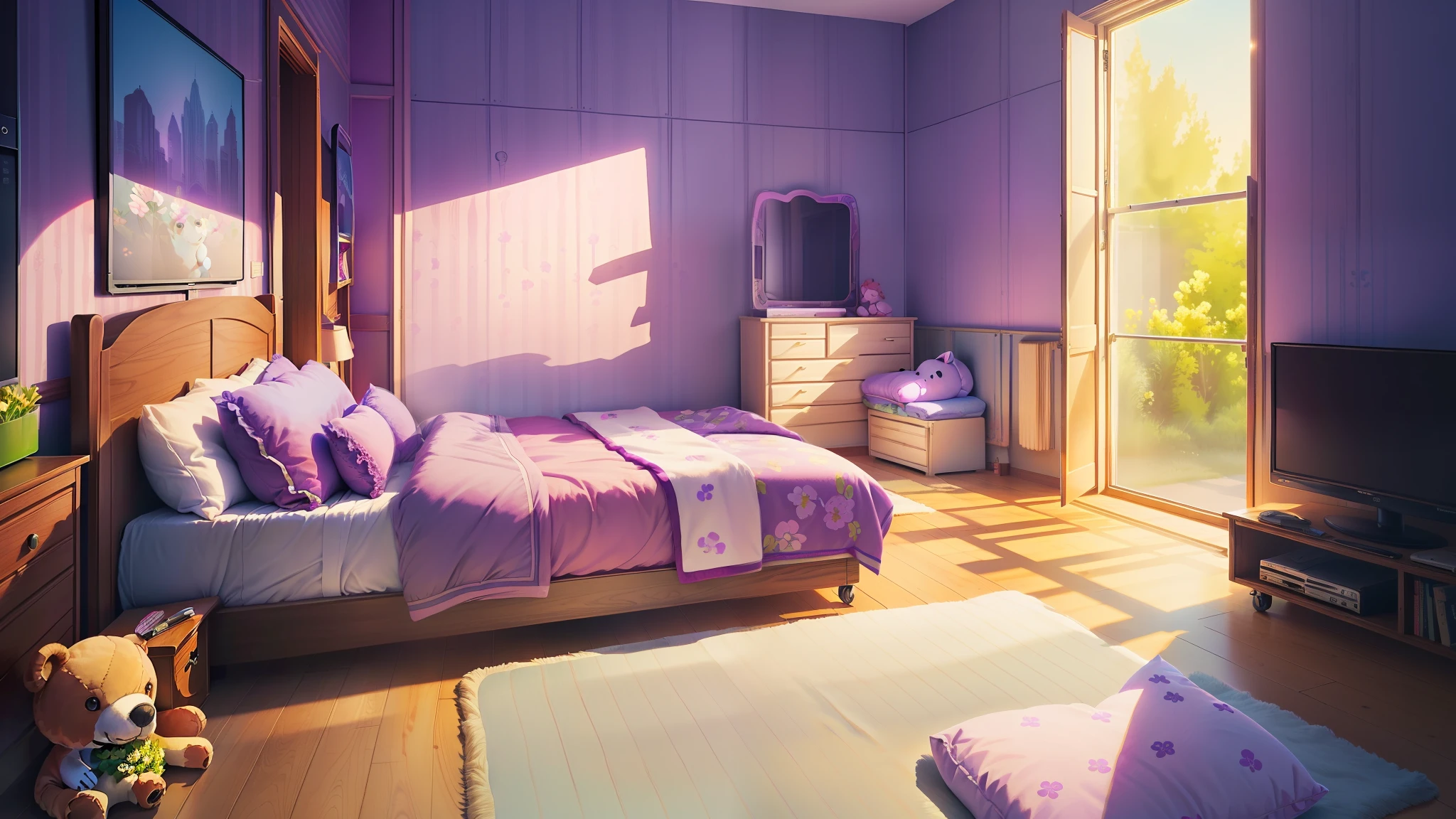 skate, ((stuffed animal)), bedroom, bed, mat, notebook, tv, flowers, lilac, wallpaper, masterpiece, best quality, (extremely detailed CG unity 8k wallpaper), (best quality), (best illustration), (best shadow)