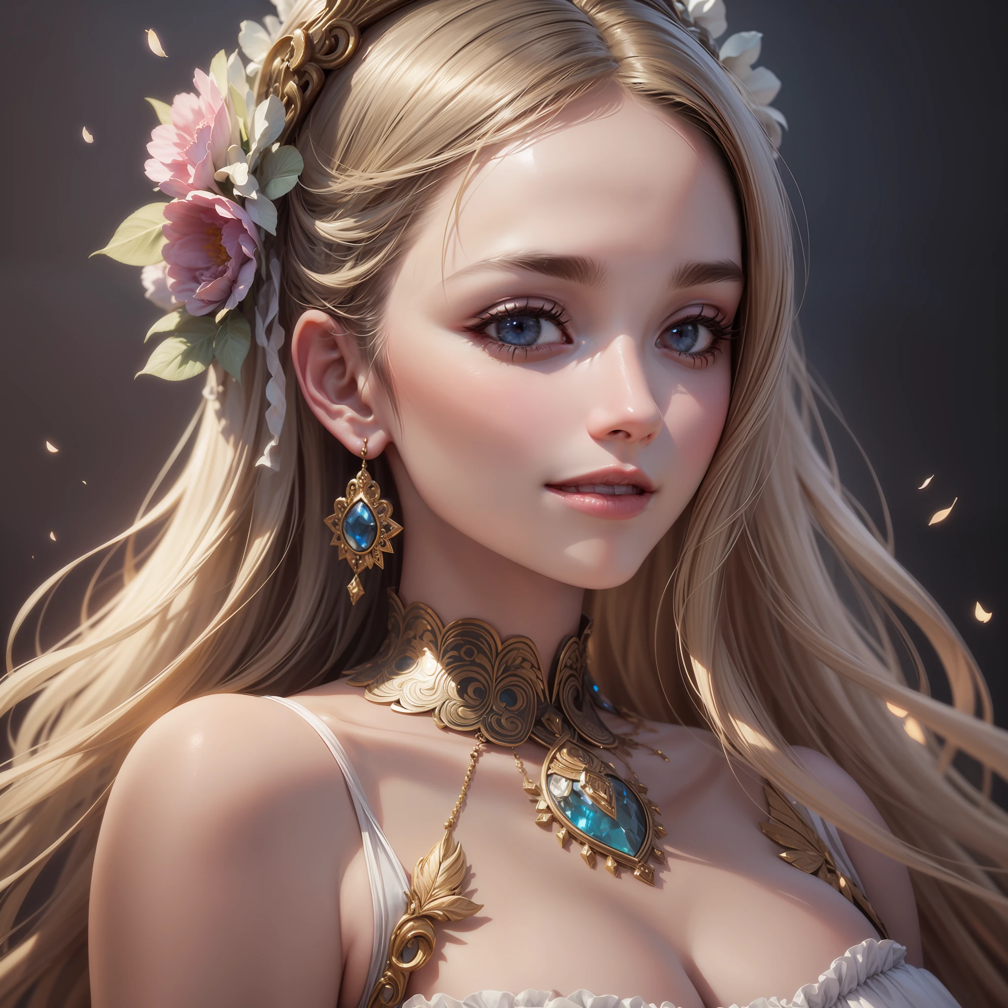 ((best quality)), ((masterpiece)), (detailed), close-up, person wearing dress, (Behance contest winner:1.2), fantasy art, , 3D goddess portrait, style of wlop, captivating lighting, 8k resolution, striking facial expression, (elaborate costume details:1.3), vibrant colors, powerful presence, (ethereal glow:1.1), blonde hair, beautiful eyes,