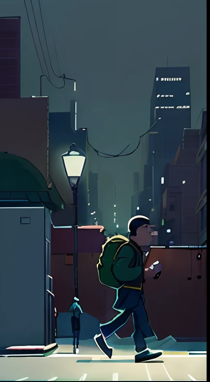 drawing of a man walking down a street with a backpack, man walking through city, he is traversing a shadowy city, at a city street, single figure composition, standing in a city street, in the city, wandering in the city, in a city, minimalist line drawing, minimalist ink drawing of a city, in city street, digital drawing