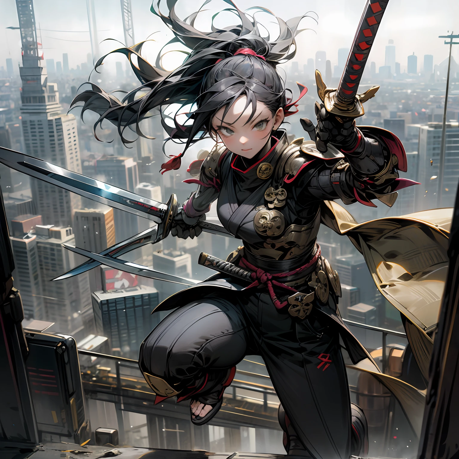 masterpiece, high quality, kunoichi, futuristic armor, with the city background wielding a katana --auto
