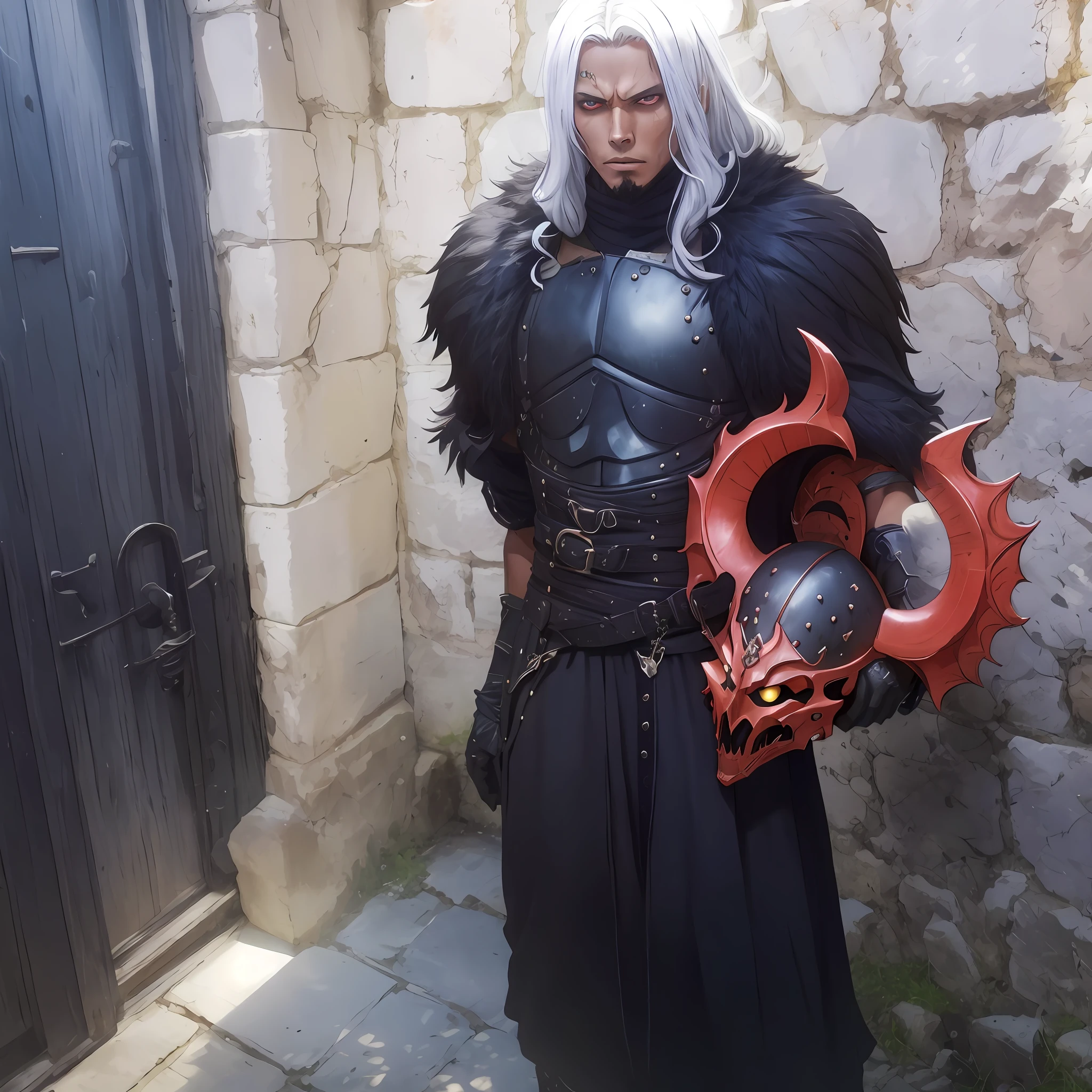 Cavaleiro de armadura negra olhos amarelos segurando capacete de demonio com cabelo ((branco))