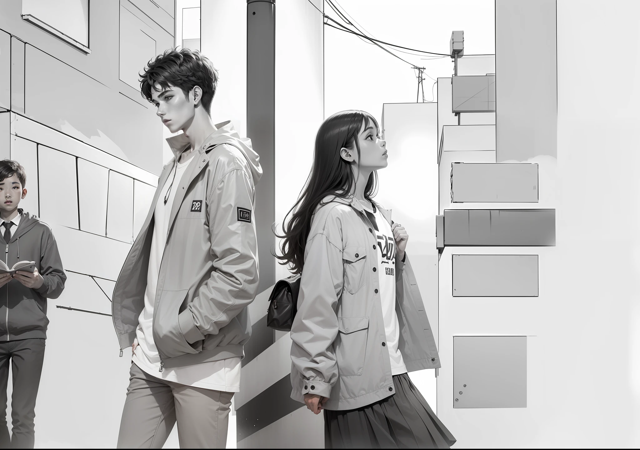 A boy and a girl stand next to a power pole in the street and chat