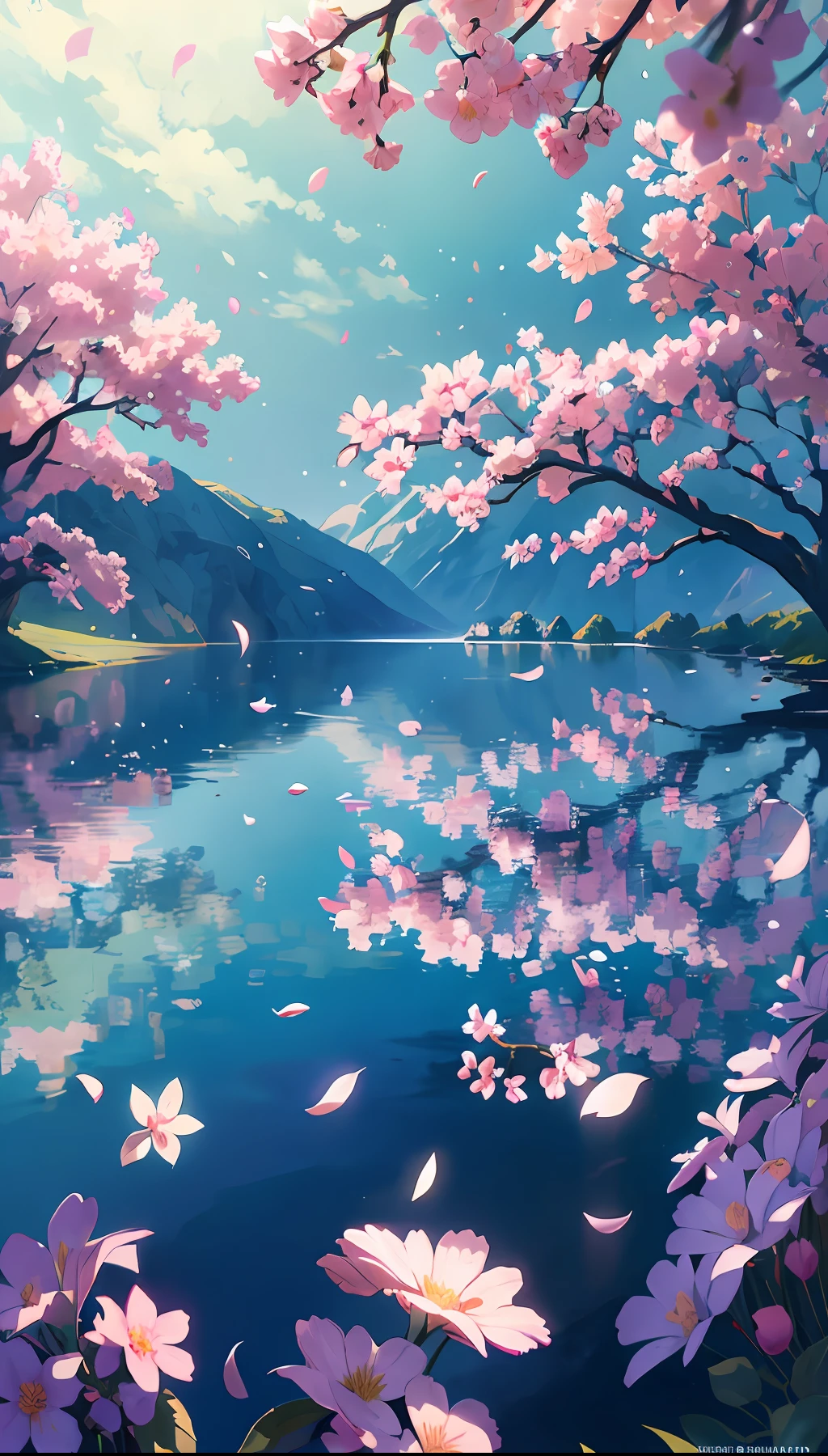 Realistic, authentic, beautiful and amazing landscape oil painting Studio Ghibli Hayao Miyazaki&#39;s petal grassland with blue sky and white clouds --v6