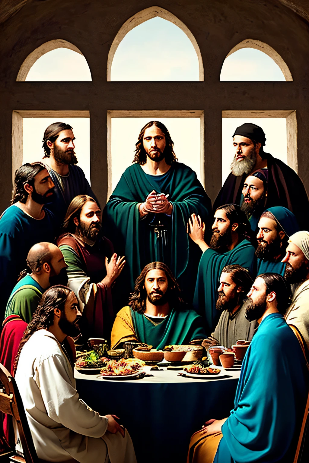 a group of 13 people sitting at a large table and in the middle a brown man with long hair blue eyes an angel's halo over his head sitting in the middle of the table , image similar to the painting of the great supper of jesus christ and the apostles a house of Roman times style stone ultra realistic image all sitting facing forward next to each all-personagem masculinos