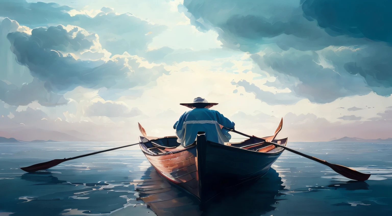 painting of a man in a boat with oars on the water, fantasia. gondola boat, serene illustration, baixo detalhamento. pintura digital, pintura digital altamente detalhada, epic surrealism 8k oil painting, pintura digital bonita, pintura digtial, pintura digital de alta qualidade, painterly illustration, pescador, oleo sobre tela. cinematic, an epic painting of an artist