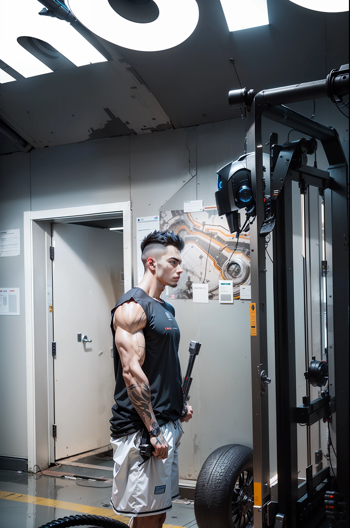 Young strong male cyber warrior,Delicate black technical clothes,Biomechanics, MSHN Robot Man,ultra realisic, steel, complex design, crazy detail, Fine details, Extremely Sharp Lines, cinematic Lighting, Photo Realistic, A Detailed Masterpiece