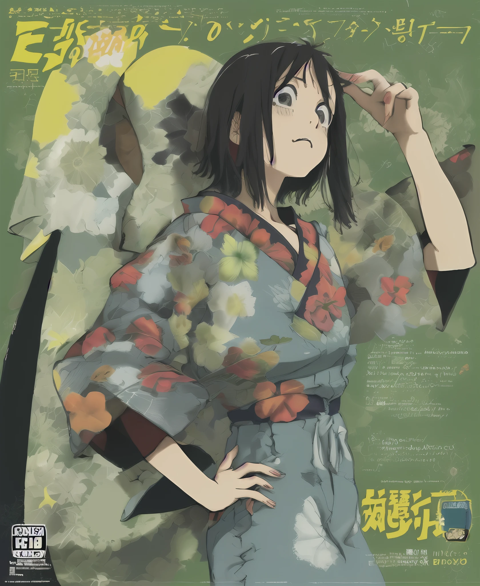 Uma garota triste (Asian girl, estilo anime 90 years, manga cover,inio asano,Garota adolescente,depression,garota coreana,cabelo curto,sombrio, trans,cover manga)