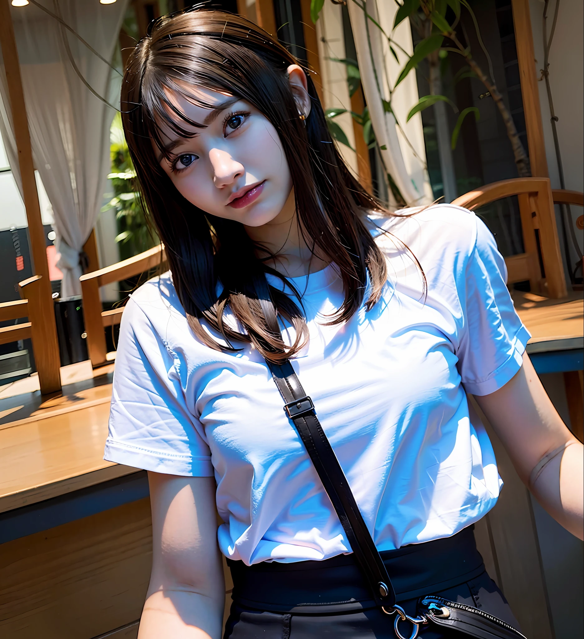 High Quality, High Resolution, (Photorealistic: 1.4), 1 Girl, (Black Hair: 1), (Small Breasts: 1.6), Close-up, Inside the Room, White Short Sleeved Shirt, (T-Shirt: 1.3)