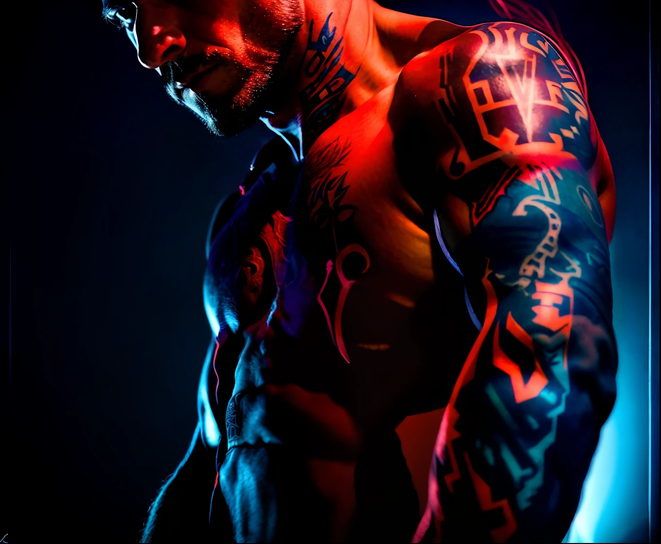a close up of a man with a tattoo on his arm, red and cinematic lighting, red and blue back light, blue and red lighting, red and blue lighting, muscular body tattooed, blue and red tattoo, dramatic lighting man, red and blue black light, very moody lighting, intricate dramatic lighting, dramatic intense lighting, extremely moody blue lighting