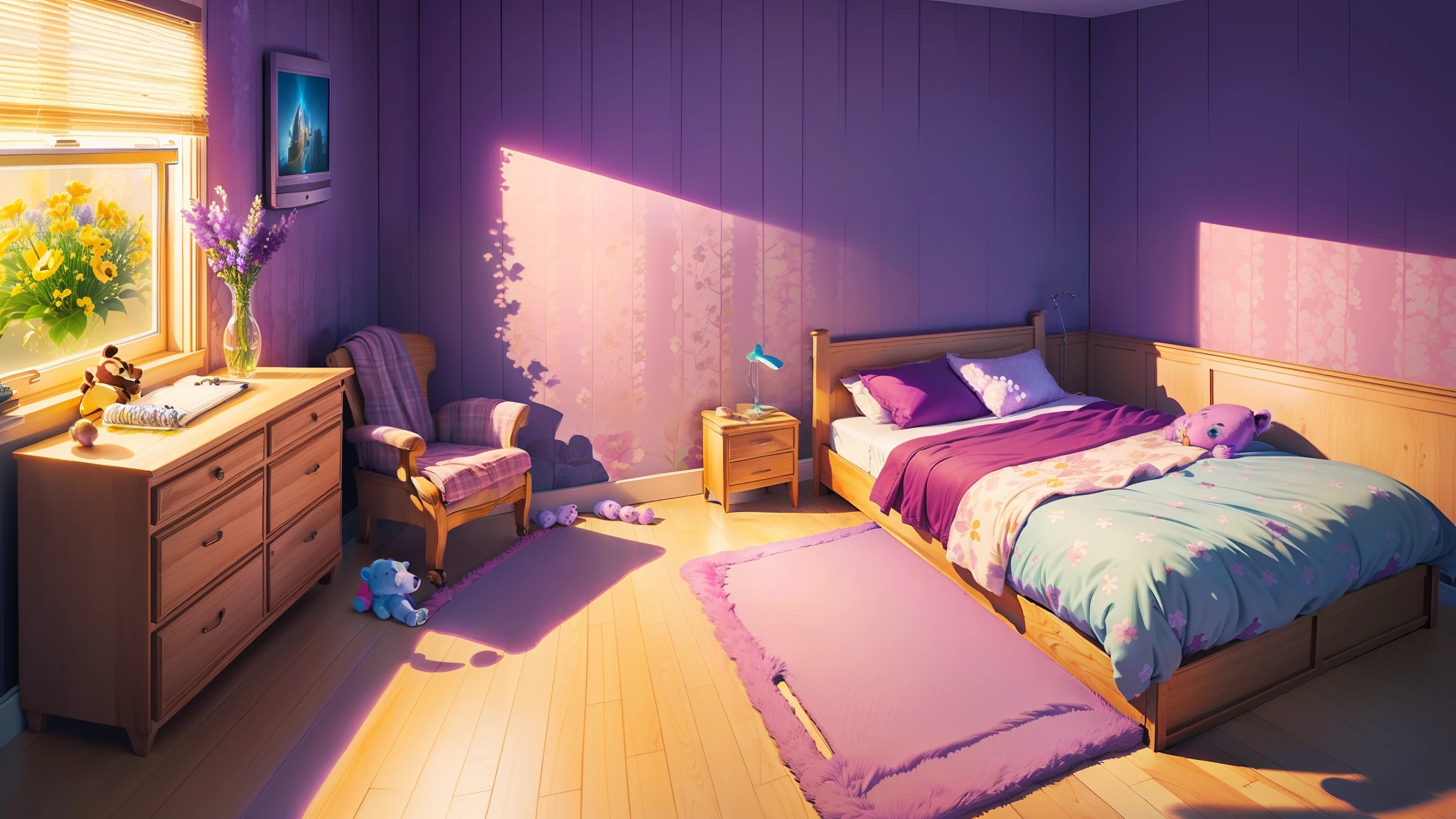 skate, ((stuffed animal)), bedroom, bed, mat, notebook, tv, flowers, lilac, wallpaper, masterpiece, best quality, (extremely detailed CG unity 8k wallpaper), (best quality), (best illustration), (best shadow)