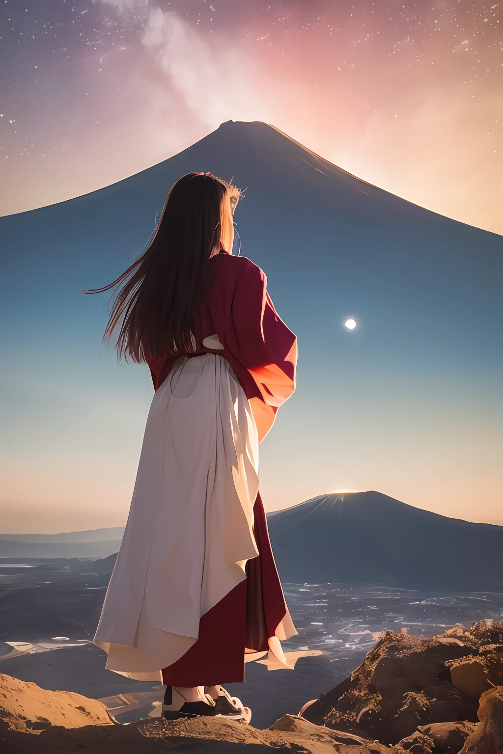 A very beautiful young woman is on the toilet , solo, hakama、，(Beautiful skyline,Magnificent volcano),(Intense and dramatic imagery,Stunning visuals),(The hanging North Star,Colorful natural light), tent, out door，,
