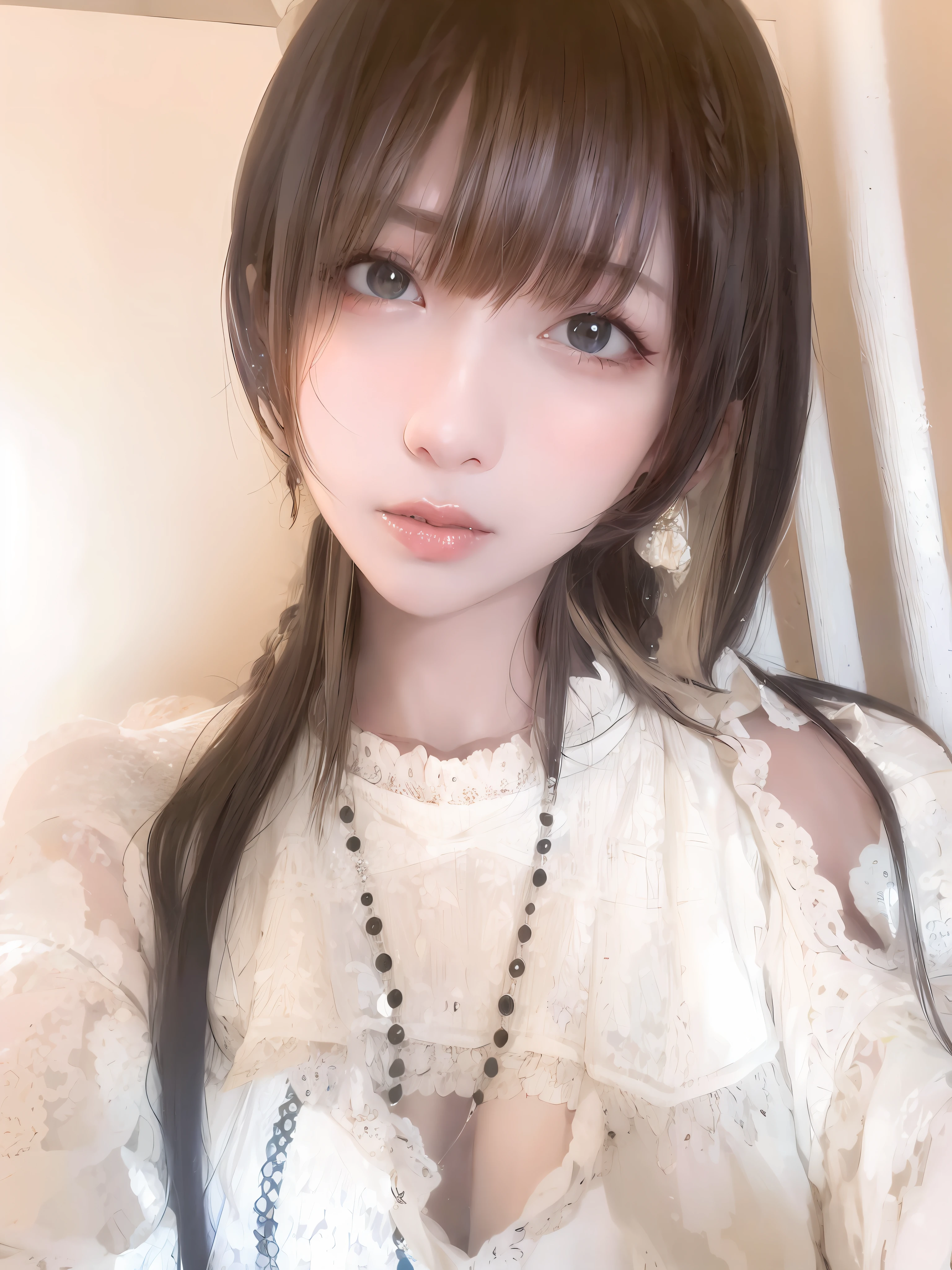 best quality, masterpiece,white hair, gold eyes,white clothes, looking up, upper body,hair strand,Fair skin,side braids