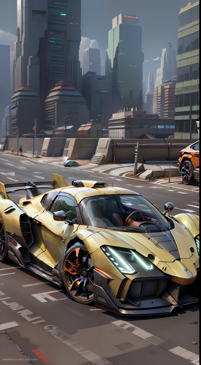 (High Definition, 9k) A futuristic sport car on the street of a futuristic cityscape