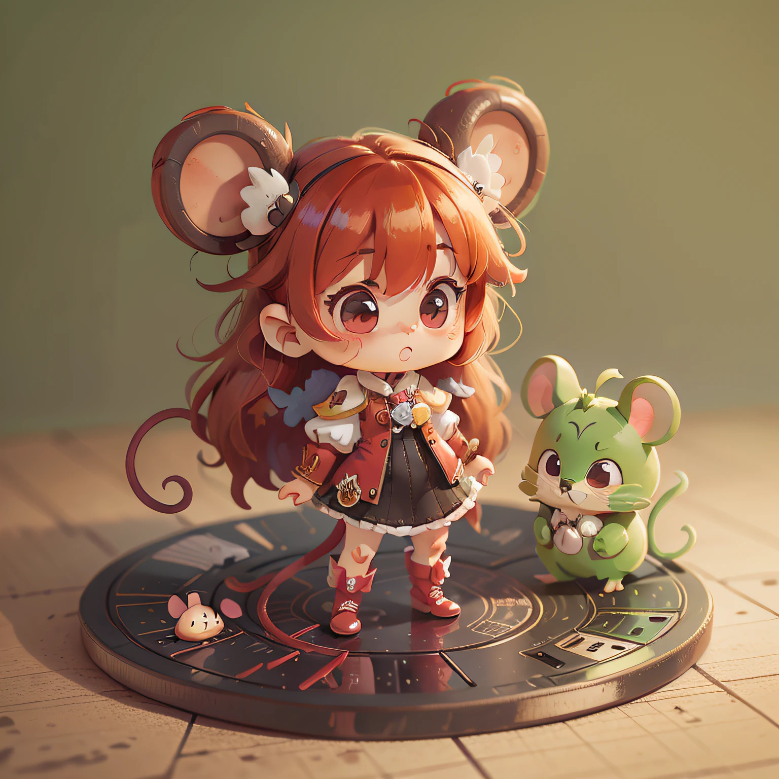 chibi, mouse, cute, devil princess, red hair, bigbadejo, full body, masterpiece, 3D Rendering, Best Quality, Lots of Detail, (plain background), vinyl toy figurine