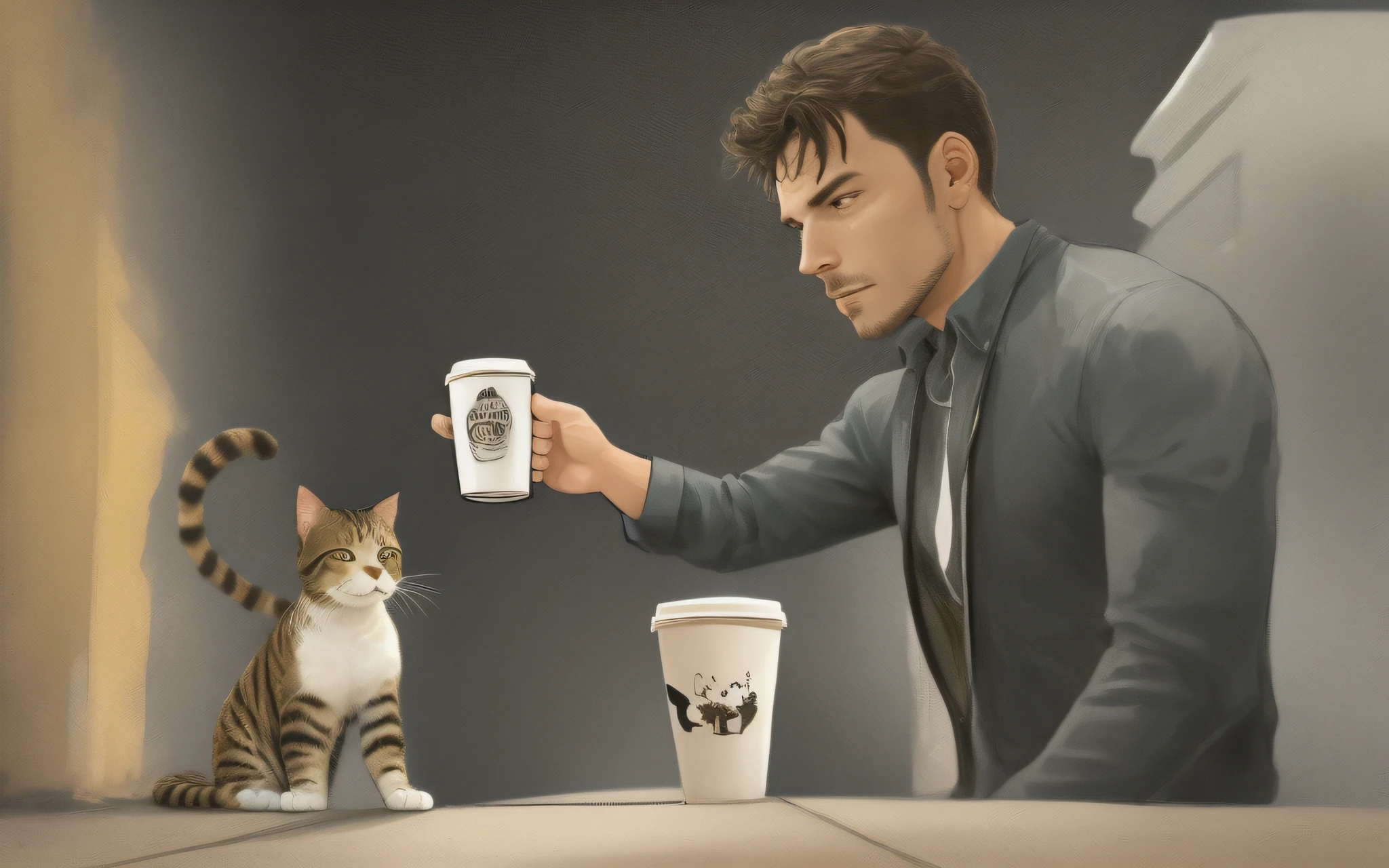 um completo-homem encorpado andando ereto,  holding a cup of coffee, a cat following the same direction as man, estilo dos desenhos animados,  apenas um homem.