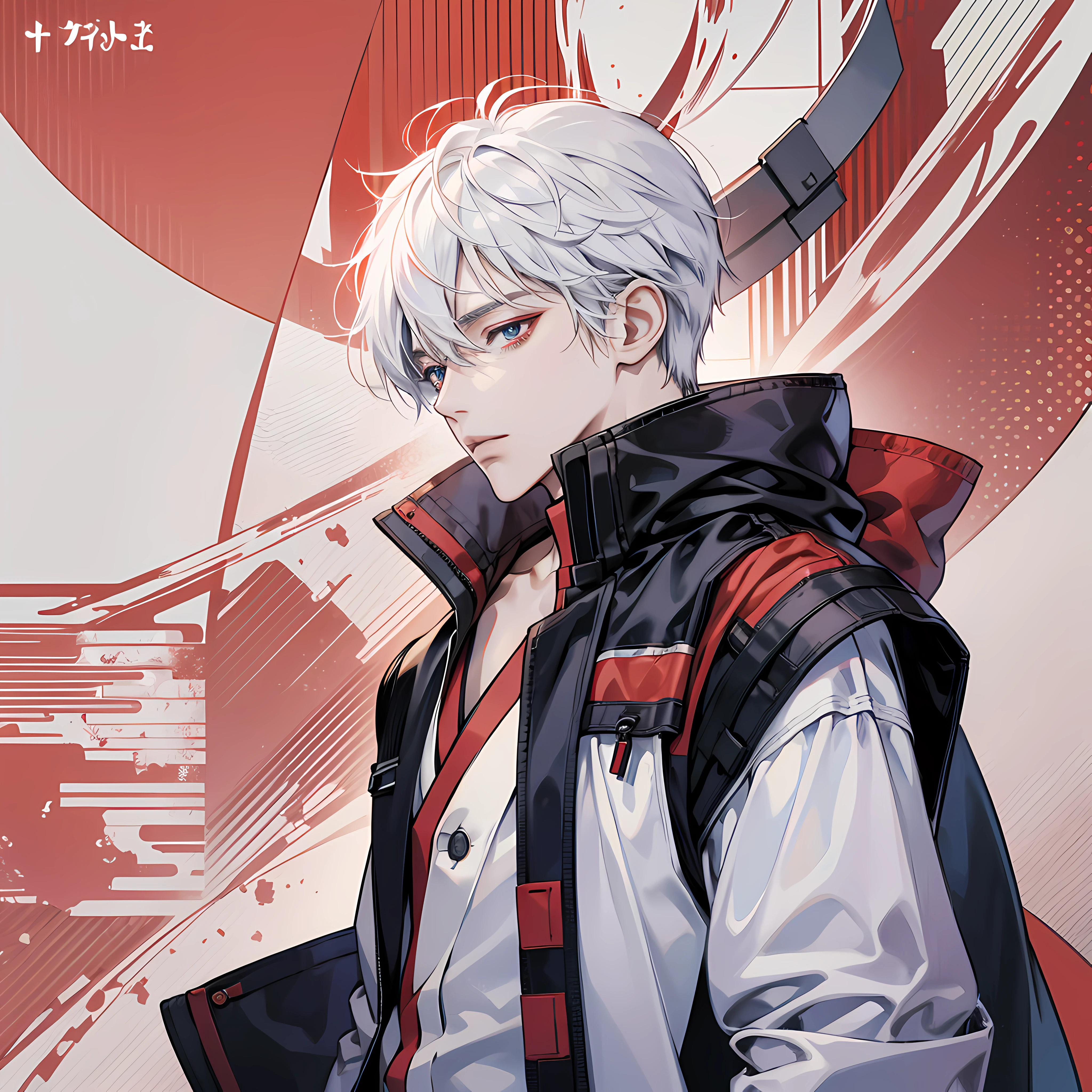 Tokyo Kaoru, an anime male character, white hair, wearing a mask that covers the lower half of his face, one eye is normal, the other eye is red, normal body, delicate --auto --s2