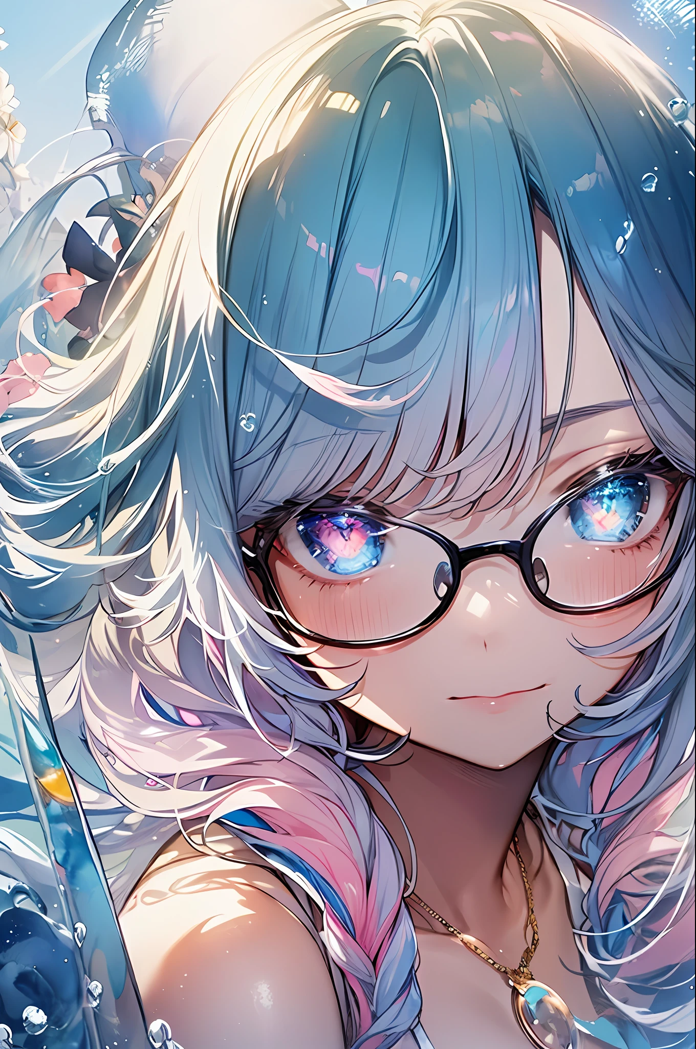 ((걸작、sthe highest qualit、Watercolor art(Pendants)、Beautiful and aesthetic:1.2))、(the golden ratio:1.2)、(all body:1.2)、(Super Detailed:1.3)、(1女の子:1.3)、(s fractal art:1.3)、((Glitter pupils))、patterns、((Iridescent hair、colourful hair、half blue and half pink hair:1.2))、COLORFUL、(glasses)、writing、(heterochromia)、(COLORFUL:1.5)、((swimsuits))、((Straw hat))、The sea、sand beach、SUNNY DAY、((Shy face))、((MICROBIKINI))、(Standing)、(hyper detailed), ((Delicate Details)), (with intricate details), ((ciinematic light, best quality Backlights)), High Contrast, ((Best Lighting, an extremely delicate and beautiful)), ((ciinematic light))、(Ray-traced reflections、sparkles)、((Shining aura))、((hair glowing))、((Super Detail))、((8K))、((Write))