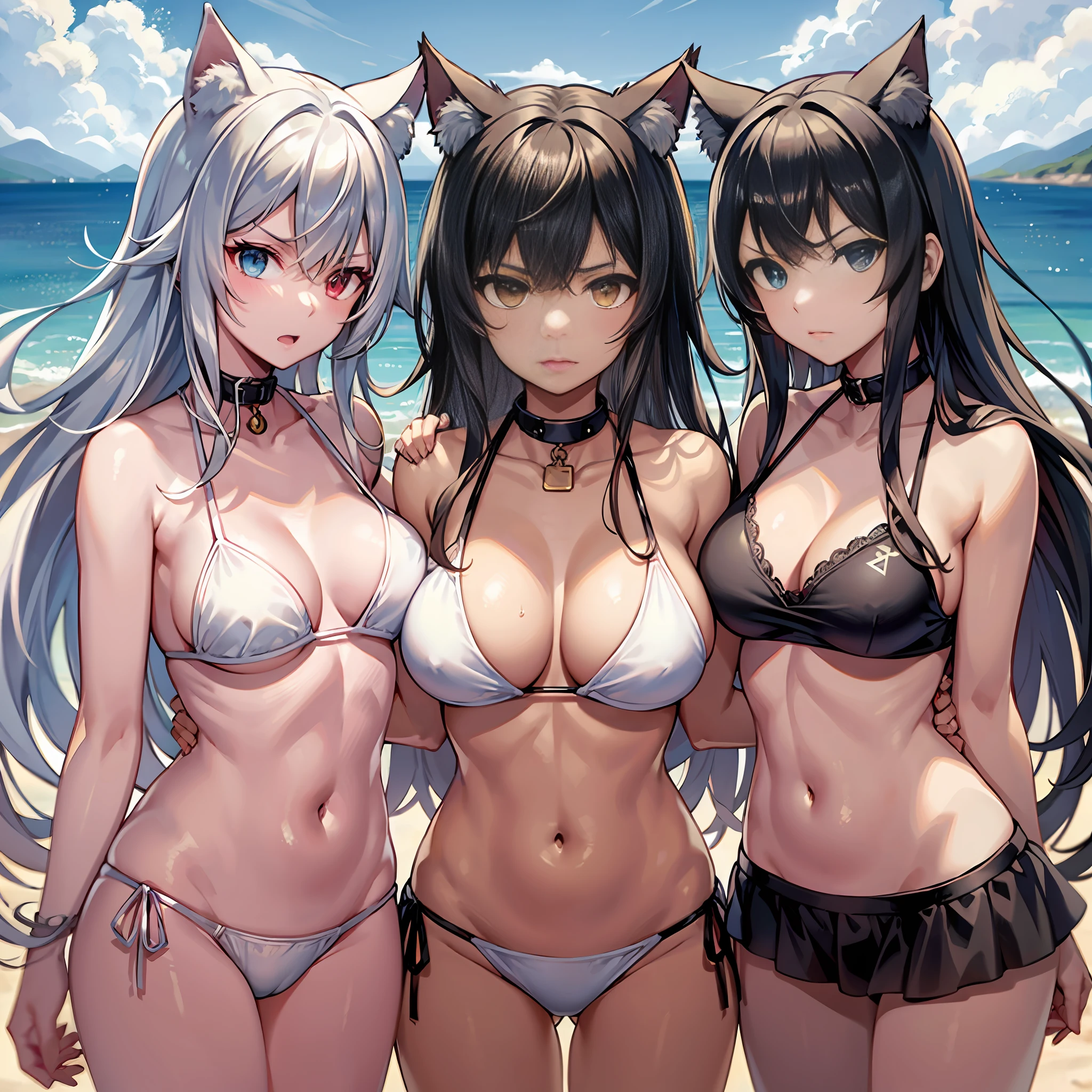 （（two Girl）），All have cat ears，All have cat tails，The girl on the left has white hair and red eyes，Right girl with black hair and heterochromic pupils，Left girl with sun-colored complexion，Right girl with white skin，random hairstyles，Random bikini，Left girl with large breasts，Right girl with medium breasts，(facing another:)，Angry expressions，A look of disdain，Extreme Details，4K，sandy beach，2/3身，Gentle breeze，bright and sunny