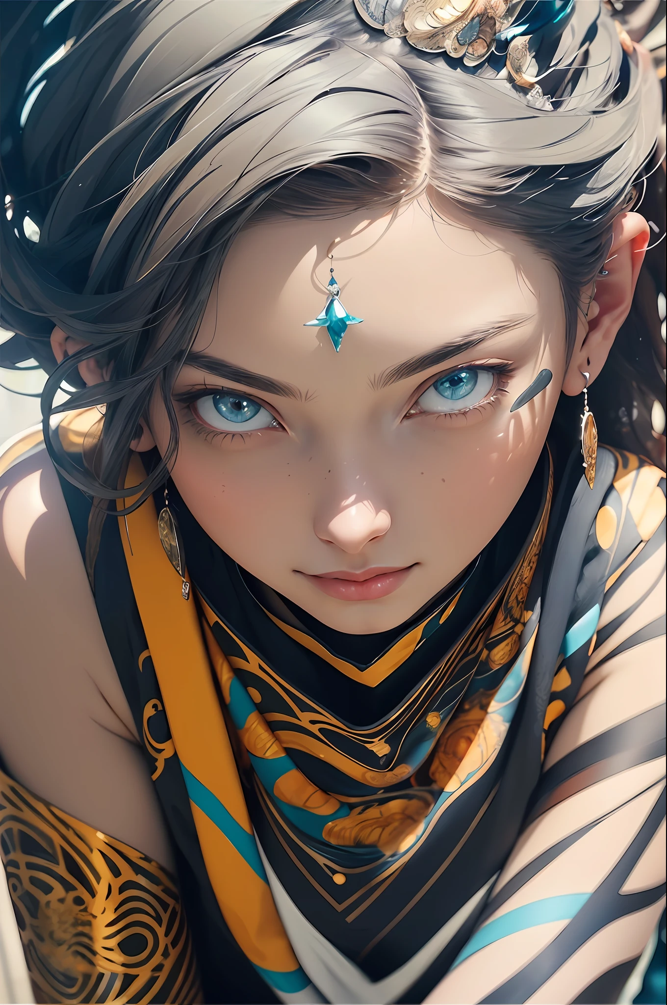 (((masterpiece))), (((best quality))), ((ultra-detailed)), (hyperrealistic), (highly detailed CG illustration), ((an extremely delicate and beautiful)),cinematic light, Create a stunning anime artwork that is currently trending on ArtStation, showcasing exquisite beauty and captivating aesthetics. The art piece should be highly detailed, featuring a compelling character and a visually appealing environment. The character in the artwork is a graceful and enchanting figure, radiating an aura of elegance. Pay close attention to intricate facial features, such as mesmerizing eyes with vibrant colors and delicate shading. The character's clothing should be designed with elaborate patterns, flowing fabrics, and rich textures, reflecting a blend of fantasy and contemporary fashion. Place the character in a captivating environment that enhances the overall appeal of the artwork. It could be a breathtaking natural landscape, a bustling futuristic cityscape, or a mystical realm filled with magical elements. Incorporate vibrant colors, dynamic lighting, and detailed background elements to create a sense of depth and immersion. Consider the latest trends in anime art, such as incorporating unique lighting effects, exploring creative composition techniques, or experimenting with unconventional color palettes. Take inspiration from the top artists on ArtStation and their exceptional execution of various art styles and themes. Camera: Choose an angle that highlights the character's beauty and the immersive environment. Lighting: Utilize atmospheric lighting techniques to create depth and mood. Resolution: Aim for a high-resolution artwork to showcase intricate details and clarity. Art Inspirations: Seek inspiration from the trending artists on ArtStation, exploring different styles, genres, and themes.