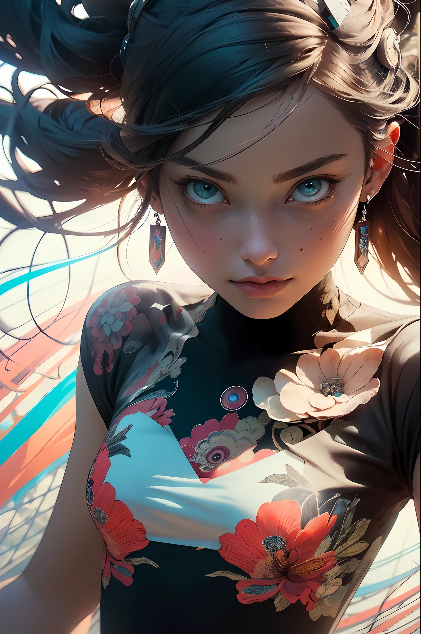 (((masterpiece))), (((best quality))), ((ultra-detailed)), (hyperrealistic), (highly detailed CG illustration), ((an extremely delicate and beautiful)),cinematic light, Create a stunning anime artwork that is currently trending on ArtStation, showcasing exquisite beauty and captivating aesthetics. The art piece should be highly detailed, featuring a compelling character and a visually appealing environment. The character in the artwork is a graceful and enchanting figure, radiating an aura of elegance. Pay close attention to intricate facial features, such as mesmerizing eyes with vibrant colors and delicate shading. The character's clothing should be designed with elaborate patterns, flowing fabrics, and rich textures, reflecting a blend of fantasy and contemporary fashion. Place the character in a captivating environment that enhances the overall appeal of the artwork. It could be a breathtaking natural landscape, a bustling futuristic cityscape, or a mystical realm filled with magical elements. Incorporate vibrant colors, dynamic lighting, and detailed background elements to create a sense of depth and immersion. Consider the latest trends in anime art, such as incorporating unique lighting effects, exploring creative composition techniques, or experimenting with unconventional color palettes. Take inspiration from the top artists on ArtStation and their exceptional execution of various art styles and themes. Camera: Choose an angle that highlights the character's beauty and the immersive environment. Lighting: Utilize atmospheric lighting techniques to create depth and mood. Resolution: Aim for a high-resolution artwork to showcase intricate details and clarity. Art Inspirations: Seek inspiration from the trending artists on ArtStation, exploring different styles, genres, and themes.