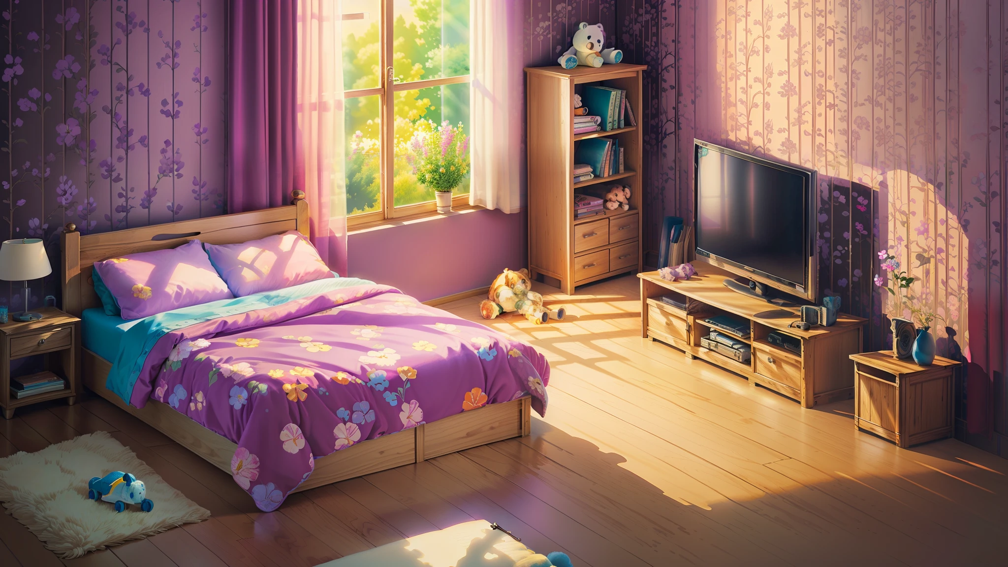 skate, ((stuffed animal)), bedroom, bed, mat, notebook, tv, flowers, lilac, wallpaper, masterpiece, best quality, (extremely detailed CG unity 8k wallpaper), (best quality), (best illustration), (best shadow)