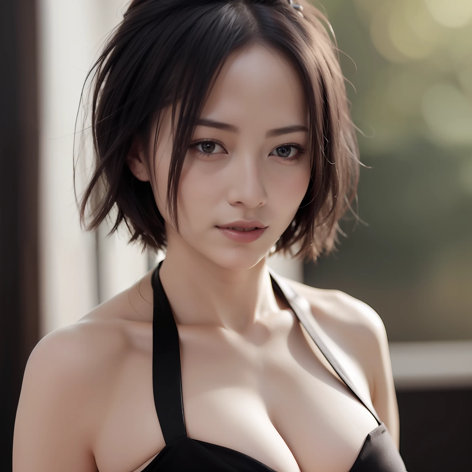 short haircut，chest cleavage， best quaity， 8K， HDR， Highresolution，  cinematography， （Raw photo：1.2）， （lifelike：1.4）， （Masterpiece、：1.3）， （complexly detailed：1.2）， 1女孩， solo，