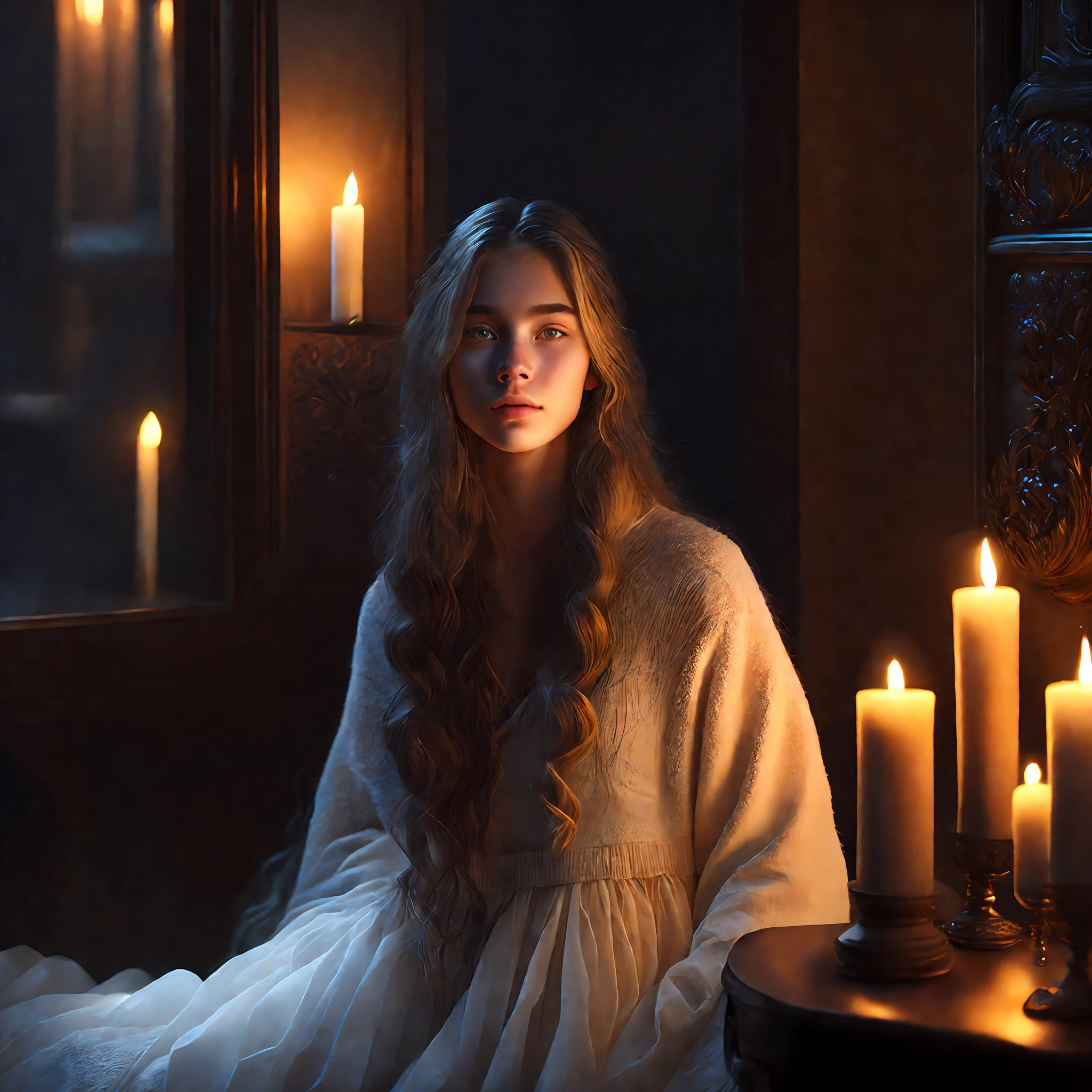 full body portrait of innocent 18-year-old Russian girl going to sleep, magnificent looks with sexual impatience, (candlelight on face:1.1), wearing tight white sweater, (long wavy hair), (candles:1.1), eyes shining with happiness, slightly opened mouth, medium breasts, thin waist, intricate, highly detailed, perfect image, cinematic lighting, very detailed face and eyes, (dark ambience:1.5), (dimly lit:1.1), elaborate fantasy atmosphere, high-quality photo, photorealistic painting by Ed Blinkey, trending on artStation, high detail, sharp focus, dramatic