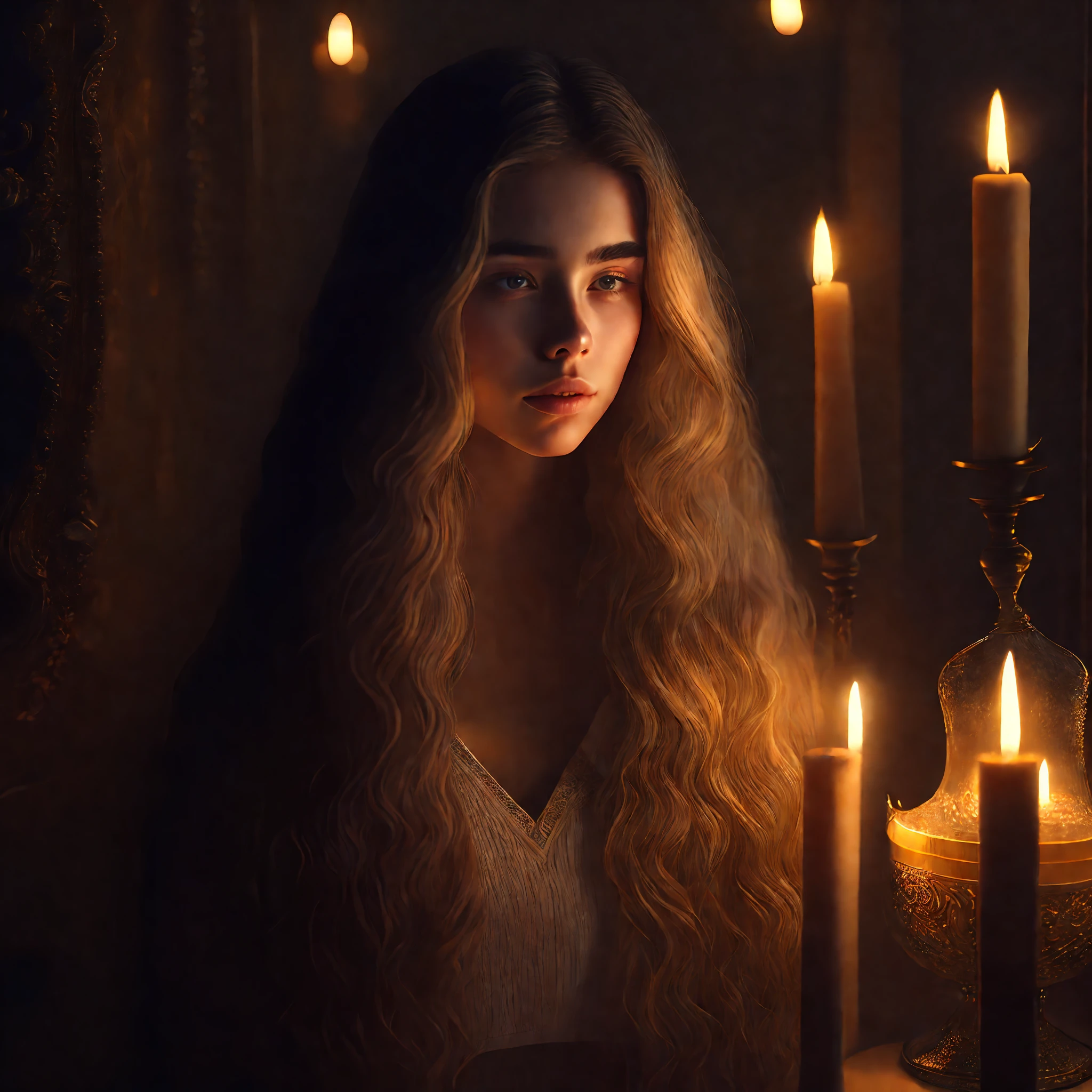 full body portrait of innocent 18-year-old Russian girl going to sleep, magnificent looks with sexual impatience, (candlelight on face:1.1), wearing tight white sweater, (long wavy hair), (candles:1.1), eyes shining with happiness, slightly opened mouth, medium breasts, thin waist, intricate, highly detailed, perfect image, cinematic lighting, very detailed face and eyes, (dark ambience:1.5), (dimly lit:1.1), elaborate fantasy atmosphere, high-quality photo, photorealistic painting by Ed Blinkey, trending on artStation, high detail, sharp focus, dramatic
