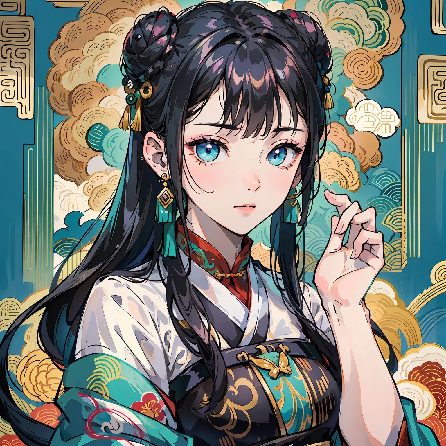 Ancient Beauty Wearing Tang Dynasty Clothing,Looking towards the camera,elegant color scheme,in the style of grunge beauty,mixed patterns,text and emoji installations,close up,charming character illustrations,Chinese meticulous painting,Yayoi Kusama,Minimalism,folkloric --ar 3:4 --s 400 --niji 5 --auto