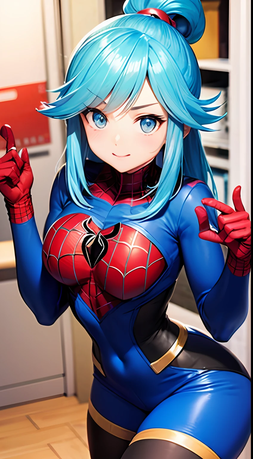 Spiderman, melhor qualidade, fundo detalhado, anime, 1girl, jovem, mulher, Aqua, seios medios, konosuba, Tokyo, japan, cidade, cabelo azul, cabelo longo, uniforme do homem aranha,  puro