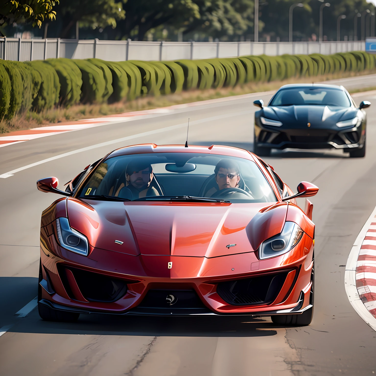 Ferrari vermelha sozinha na pista de rua de cidade grande com um motorista mulher dirigindo --auto