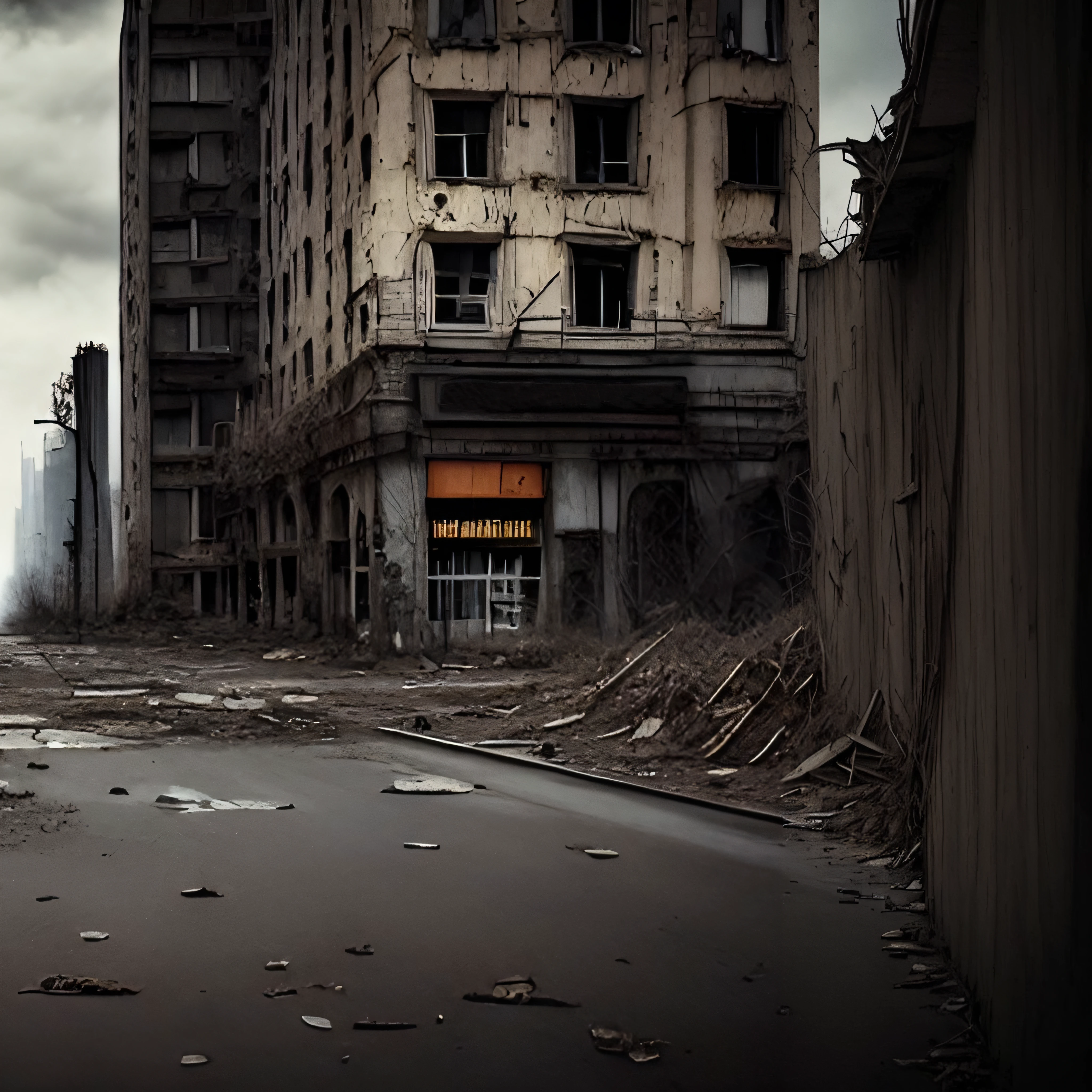 there is a man walking down a street in a city, Ruas escuras e abandonadas da cidade, Post Shopping Center-apocalyptic, post - apocalyptic city streets, in a post city-Apocalyptic, in the city post-apocalipse, Post Street-Apocalyptic, em uma paisagem urbana arruinada, em uma cidade deserta, an abandoned dystopian city, paisagem urbana arruinada ao ar livre, cidade abandonada, ruas abandonadas, District post-apocalyptic