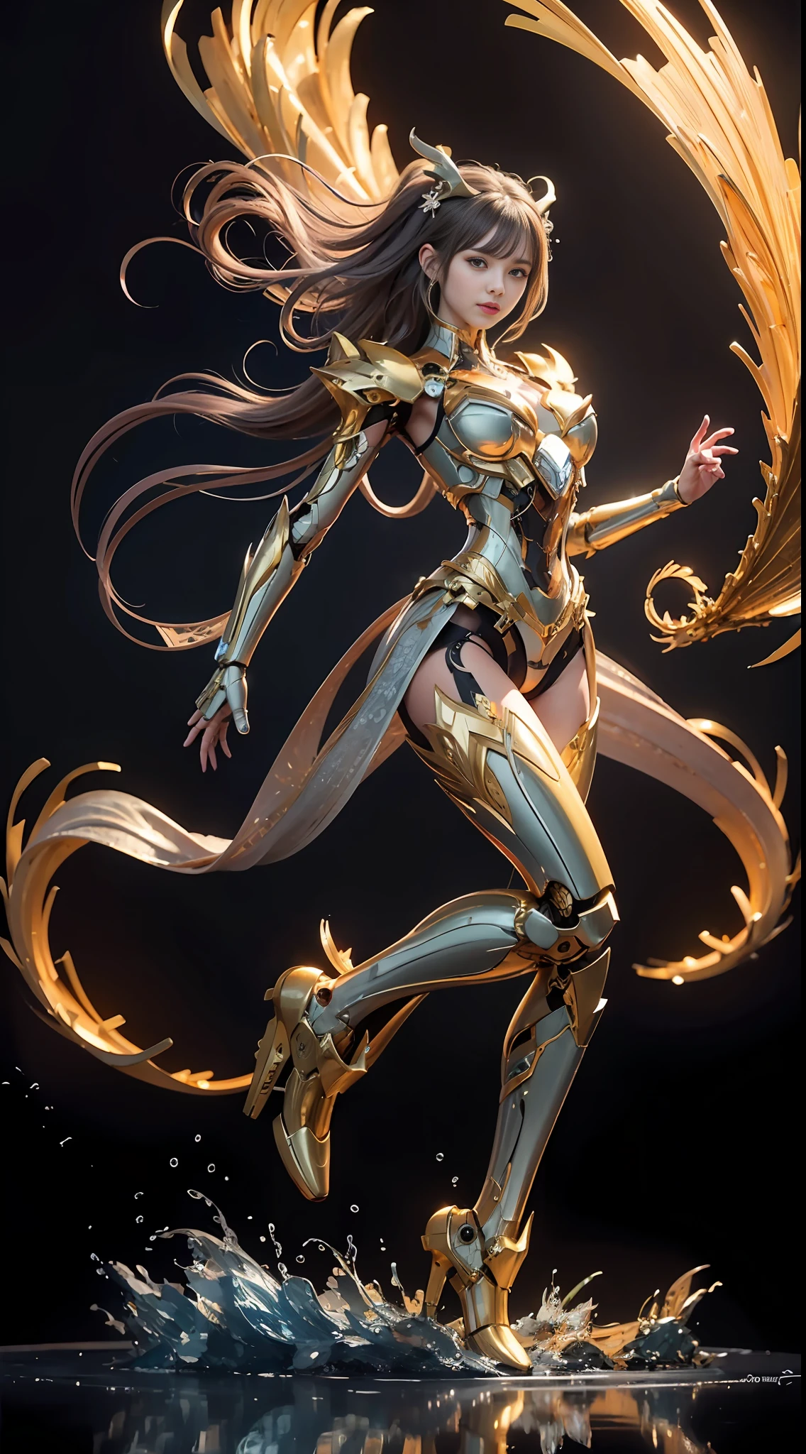 (best quality),(masterpiece),an extremely delicate and beautiful girl,extremely detailed,Amazing,finely detail,official art,ultra-detailed,highres,beautiful detailed girl,light on face,
a girl  standing in front of a dragon,long,no humans,dragon,(floating hair),mecha,(mechanical mecha),yushuishu,water,waves,Filled with water energy,Mecha all,Honey Mecha,machinery