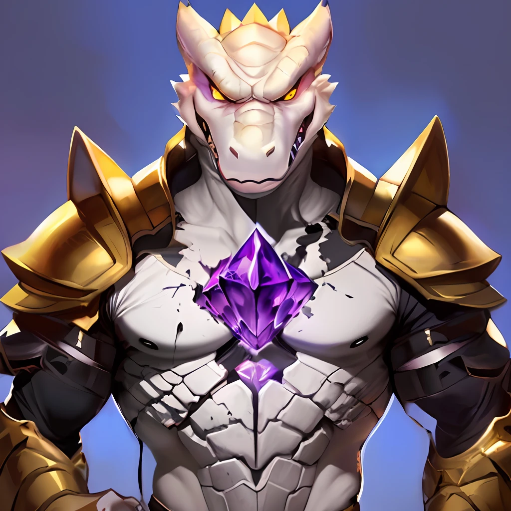 anthro crocodile art, male anthro crocodile, purple glowing core in armor, (((black fissures spreading over the body))), black, fissures, fissures spreading from the core