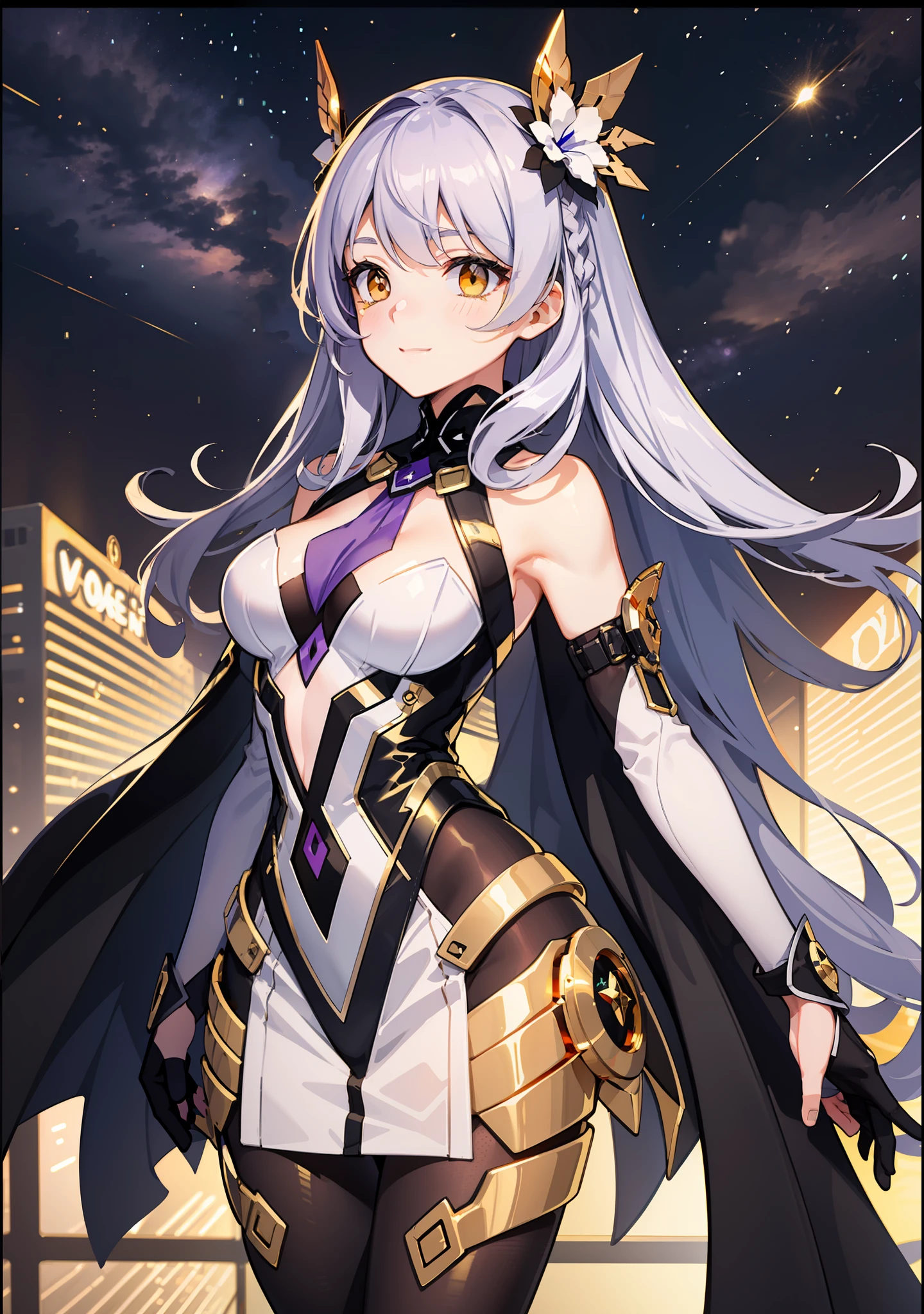 complex anime 3d render ultra detailed, (((masterpiece))), (((best quality))), ((ultra-detailed)),(3D Cartoon rendering),(from side),cinematic light,((single mechanical girl)),({best quality}),(Ultra Fine),(full detail),delicate youthful face,well_developed curves,hourglass_figure,perspective,beautiful_face,high_quality_outfits,futuristic_outfits,silght_blush,full_body,full detail face,protective outfits,Honkai_Impact,sexy,anatomical,elegant,Light Trace

(Violet hair:1.5),indigo hair tips,waist-length loose wavy hair,two strands of violet hair framing face,two horizonal strands of hair beside forehead,work card hung on neck,one fin-shaped dark violet headdress;(golden_ eyes:2.00),golden goggle glasses on eyes,violet frame,golden lens;

Futuristic attire,elegant  attire,loose outfits,white tanktop,white shirts,white vest,black sleek left sleeve with violet liningsalong arms,violet segmented cape with golden star gadget at end,black gloves,violet arm bracers;violet dress with white swallowtail,violet to black skirts with knee-length hemline,soild hems,black to violet boots,black pantyhoses,violet leg circle on left leg

Clear background,night sky background,starry sky visble through silver-framed square window,standing in white scifi spaceship cabin,vigilant gaze,arms relaxed,standing,plain smile,looking forwards

mechanic room with toolsand spaceship windowin a white SPACESHIP), (night:1.2),dreamy, [[delicate fingers and hands:0.55]::0.85],(detail fingers),