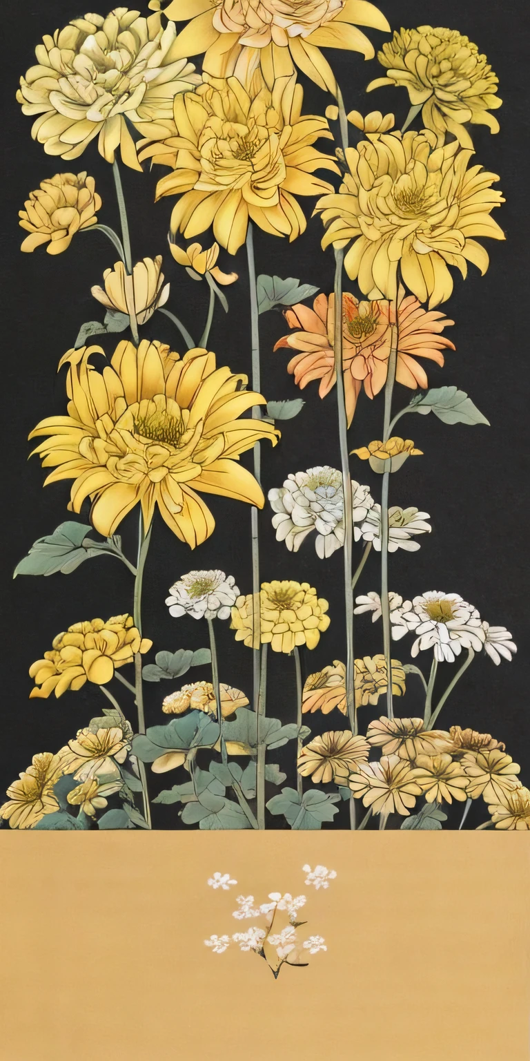 there are many yellow flowers in a vase on a black background, chrysanthemums, Author:Central Plains South Tianfang, Author:Ikuo Hirayama, chrysanthemum and tulips, chrysanthemums,, Author:Hanboku Yoshida, Author:Higashi Yoshida, golden flowers, paper chrysanthemums