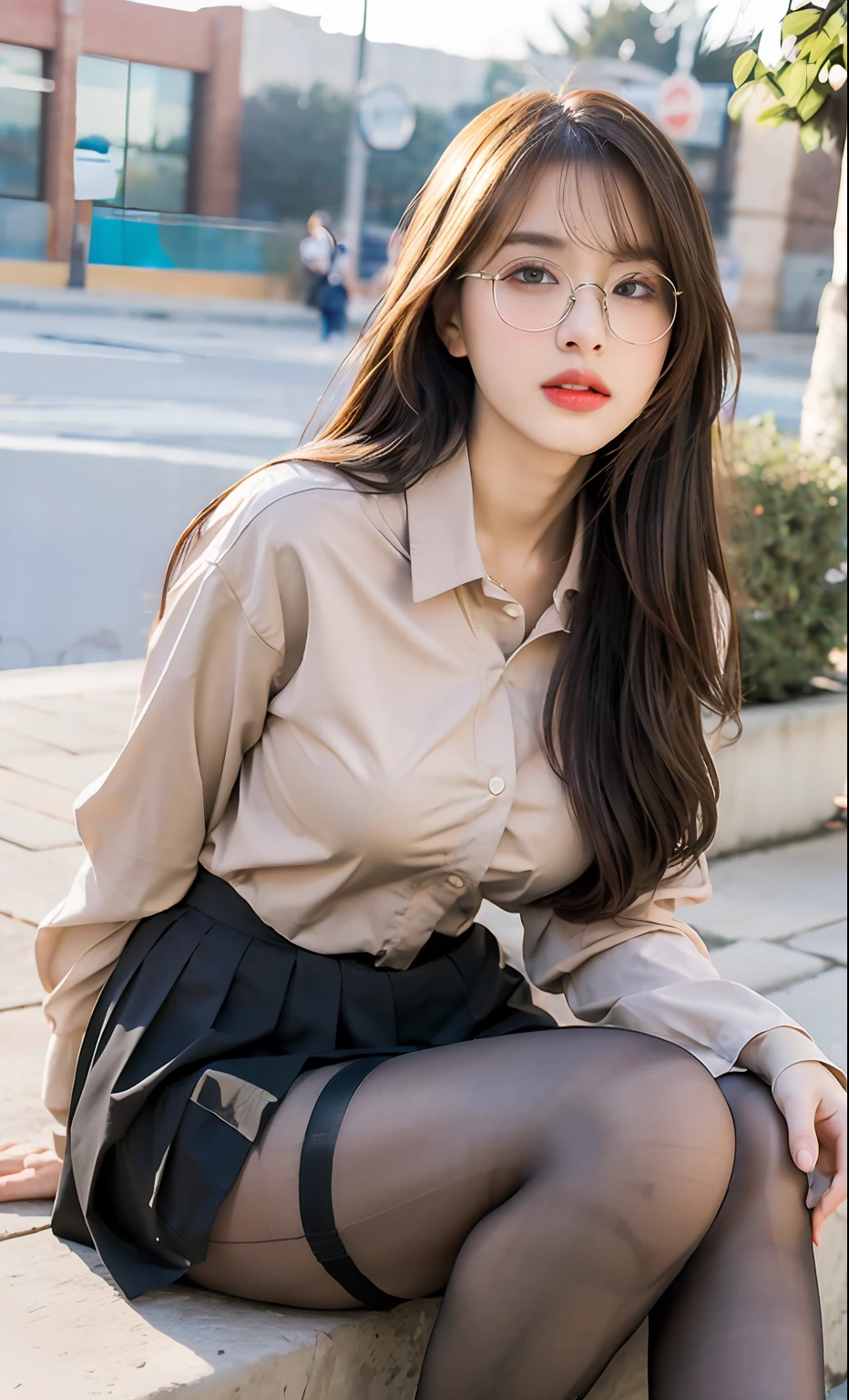 ulzzang-6500-v1.1,(raw photo:1.2), (photorealistic:1.4), beautiful detailed girl, very detailed eyes and face, beautiful detailed eyes, ridiculous, incredibly ridiculous, huge file size, super detailed, high resolution, very detailed, best quality, masterpiece, ((t-shirt)), illustration, very detailed, CG, unified, 8k wallpaper, amazing, fine details, masterpiece, Best quality, very detailed CG unified 8k wallpaper, face light, movie lighting, 1girl, , long white hair, side split, (big breasts), (no panties)), (with glasses), (dynamic pose), (sexy pose), ((camel toe))), (half), ((pantyhose)), ((black hip skirt)), (bent knees)))))