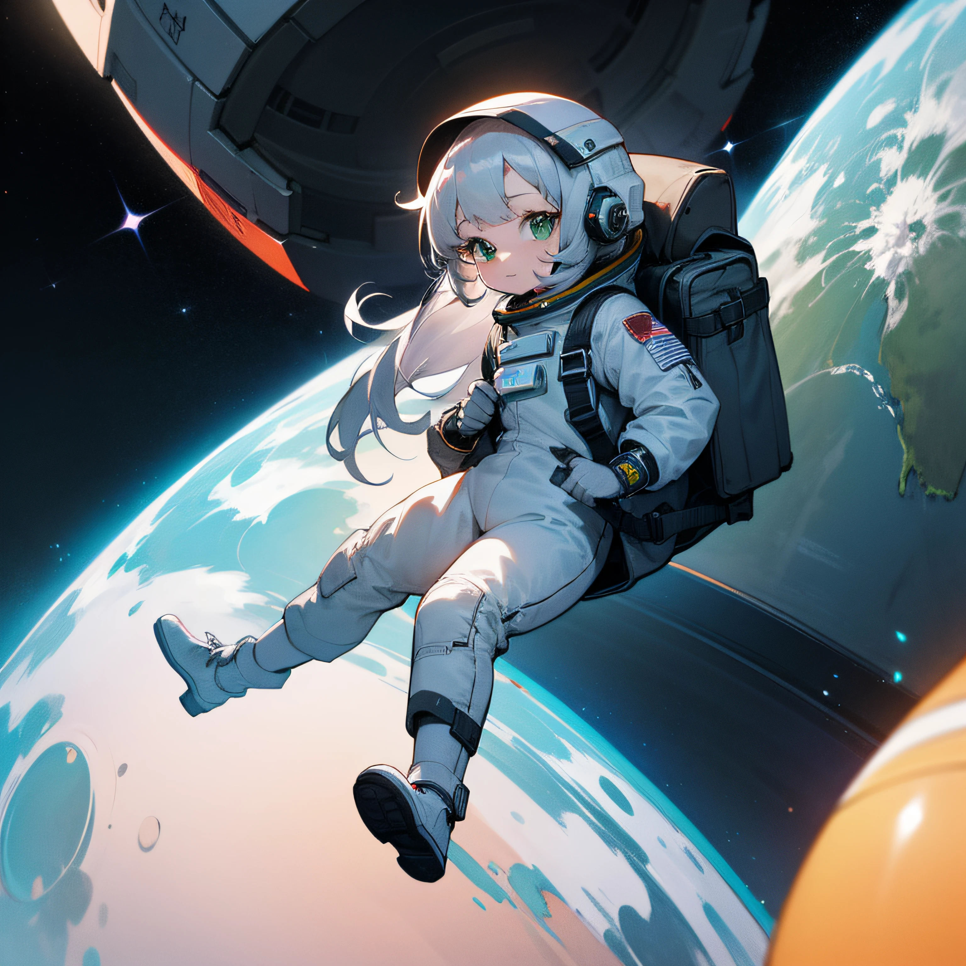 create female astronaut, long silver hair, green eyes, spacesuit, without helmet, without backpack, kid's drawing style --auto