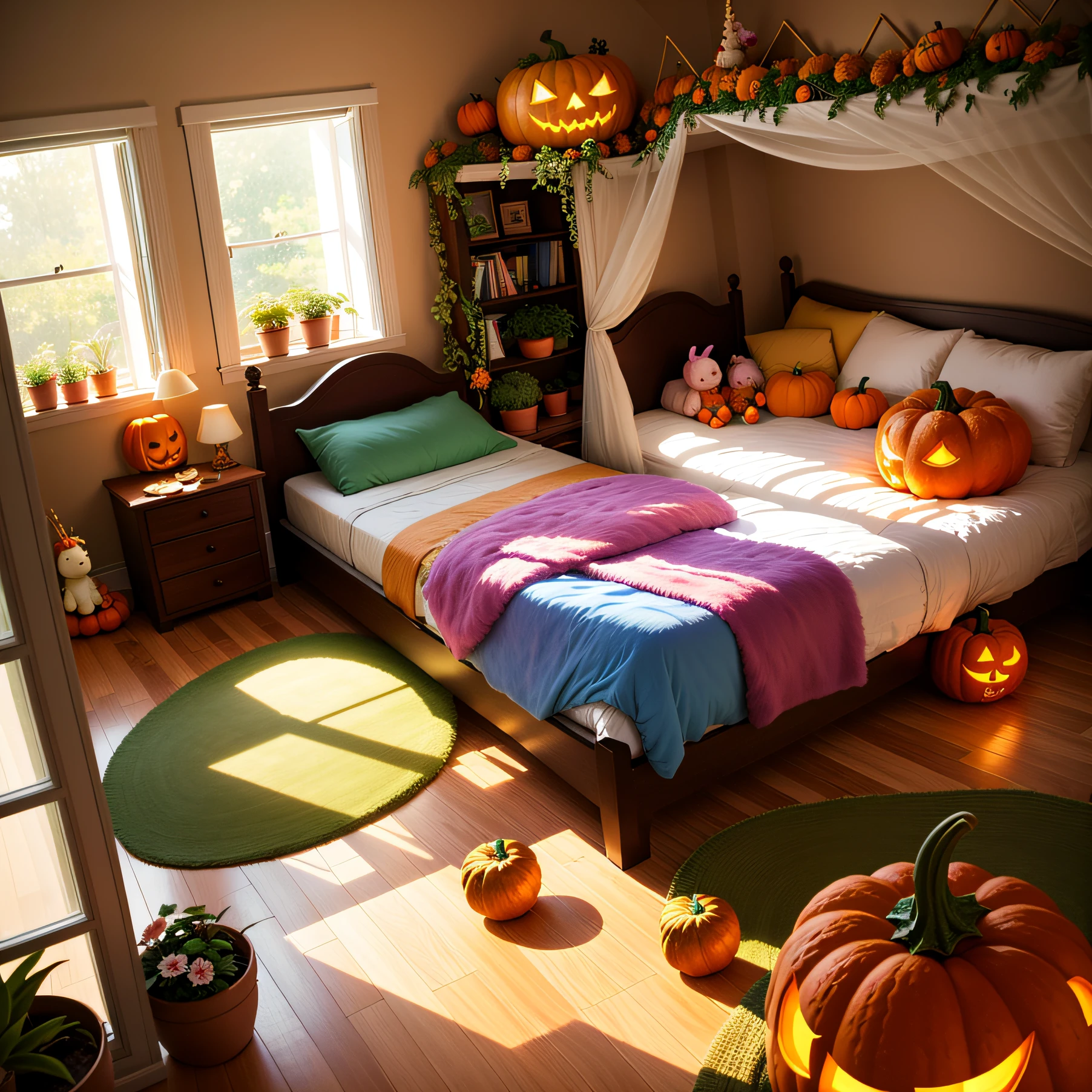Bathroom with bathtub,Realstic,Pumpkins all around,halloween atmosphere,Photographic pictures,Halloween style,Vivid details,Small pumpkin decoration