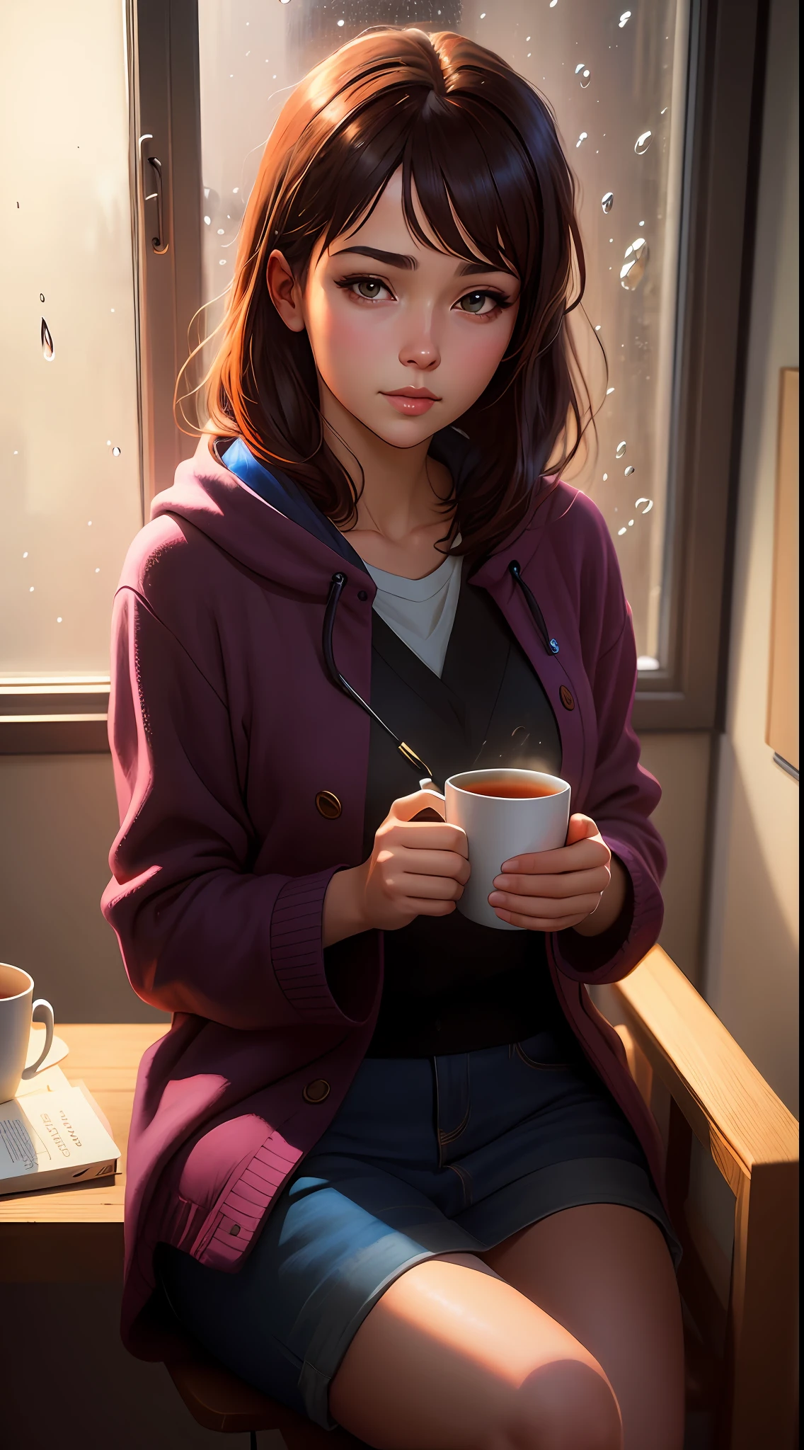 (((masterpiece))),best quality, best quality, a cozy scene of a person sitting by a window on a rainy day, wrapped in a warm blanket, sipping a cup of tea, and lost in a captivating book, with raindrops gently tapping on the windowpane, creating a peaceful and introspective atmosphere, digital art ilya kuvshinov, beautiful character painting, ilya kuvshinov. 4 k, painted in anime painter studio, realistic painting, realistic art style, anime. soft lighting, Artwork, acrylic painting on canvas, --ar 16:9 --v 5